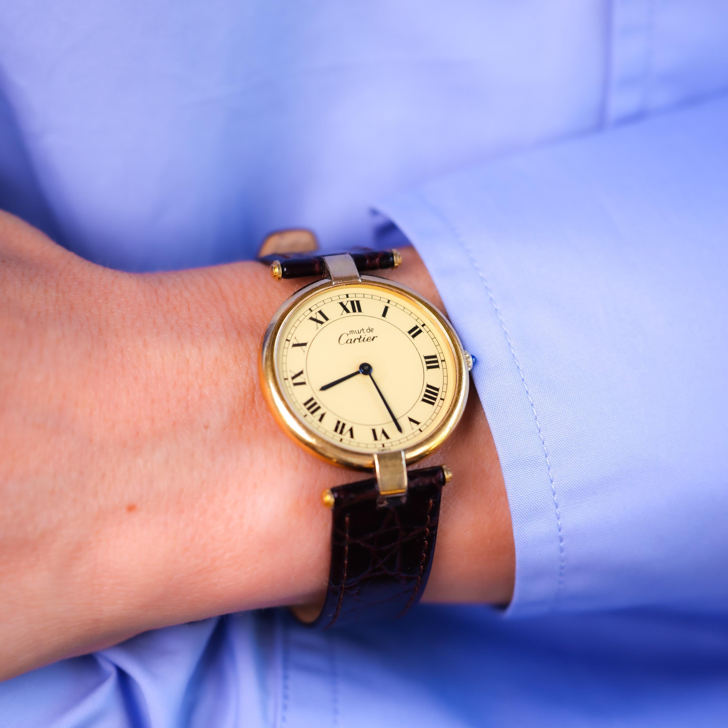 Orologio da polso Cartier Paris Vendome in pelle argentata placcata oro In condizioni ottime a Beverly Hills, CA