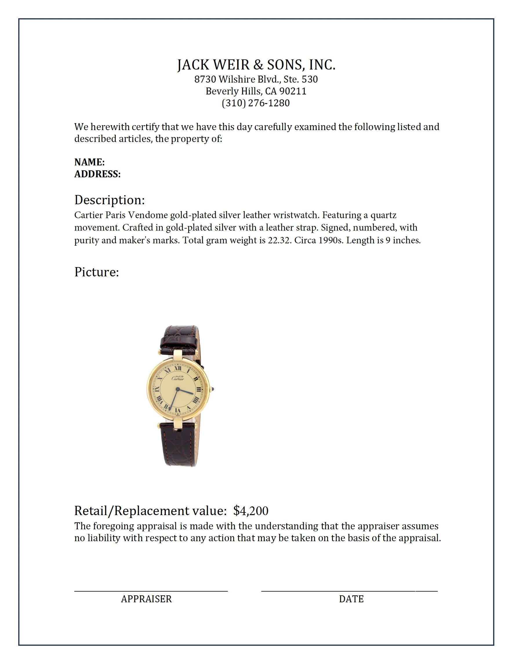 da uomo o donna Orologio da polso Cartier Paris Vendome in pelle argentata placcata oro