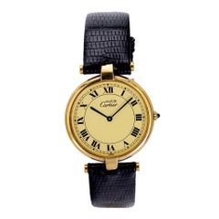 Cartier Paris Vendome vergoldete silberne Lederarmbanduhr aus Leder