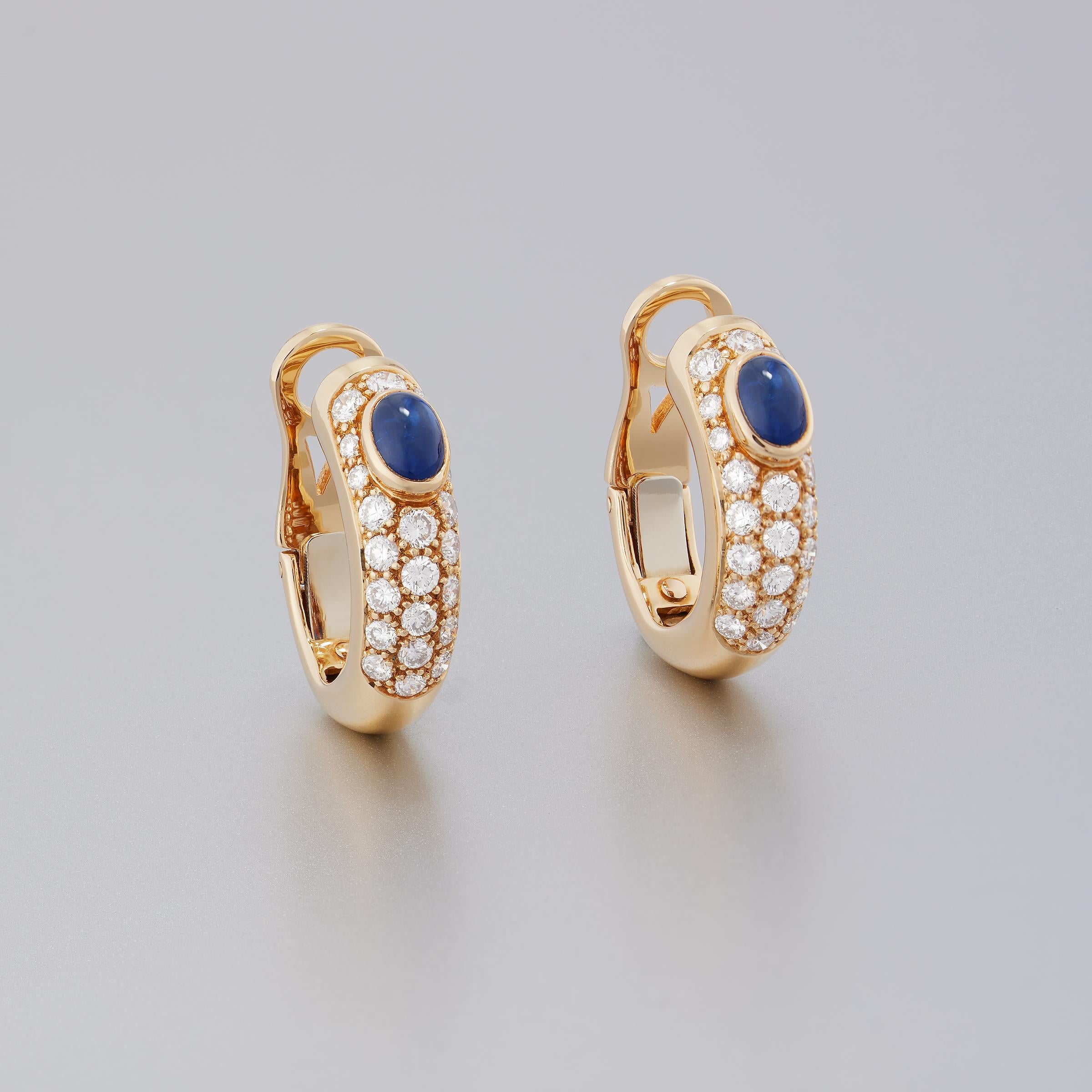 Brilliant Cut Cartier Paris Vintage Diamond Sapphire Hoop Earrings in 18K Gold