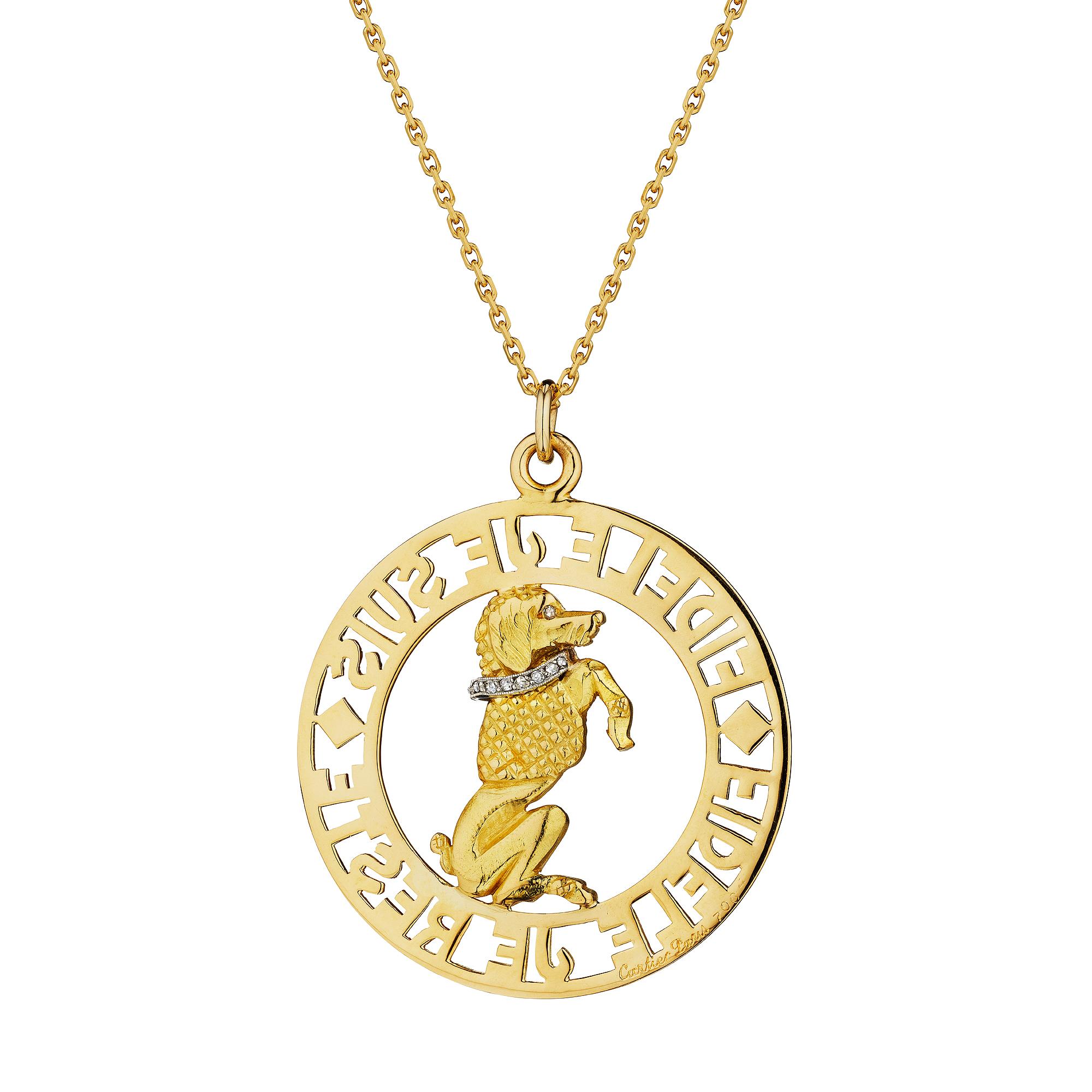 Cartier Paris Vintage Gold Diamant Französisch Pudel durchbohrt Scheibe Anhänger Halskette (Modernistisch) im Angebot