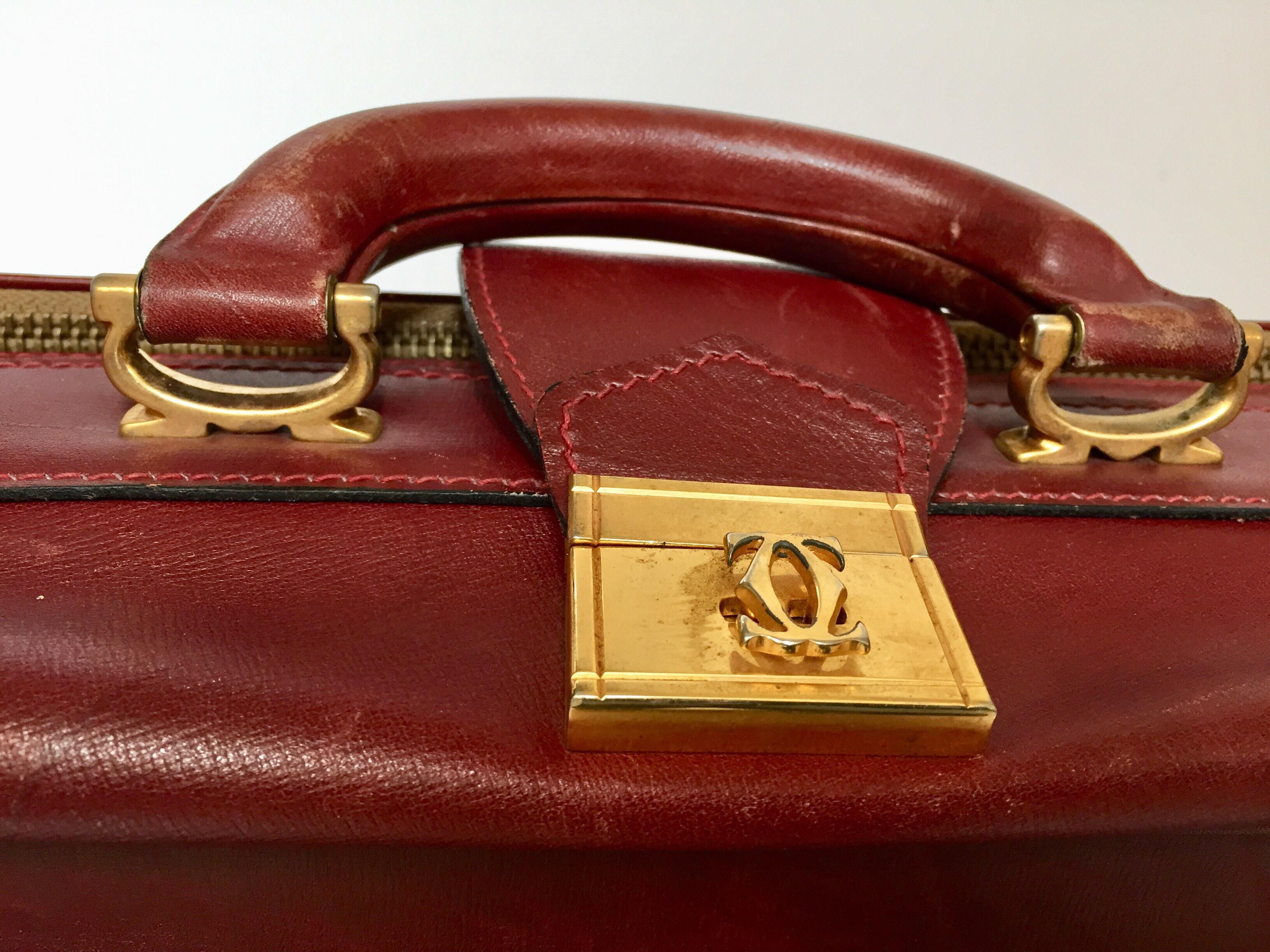 Brown CARTIER Paris Vintage Leather Suitcase Burgundy Bordeaux Luggage For Sale