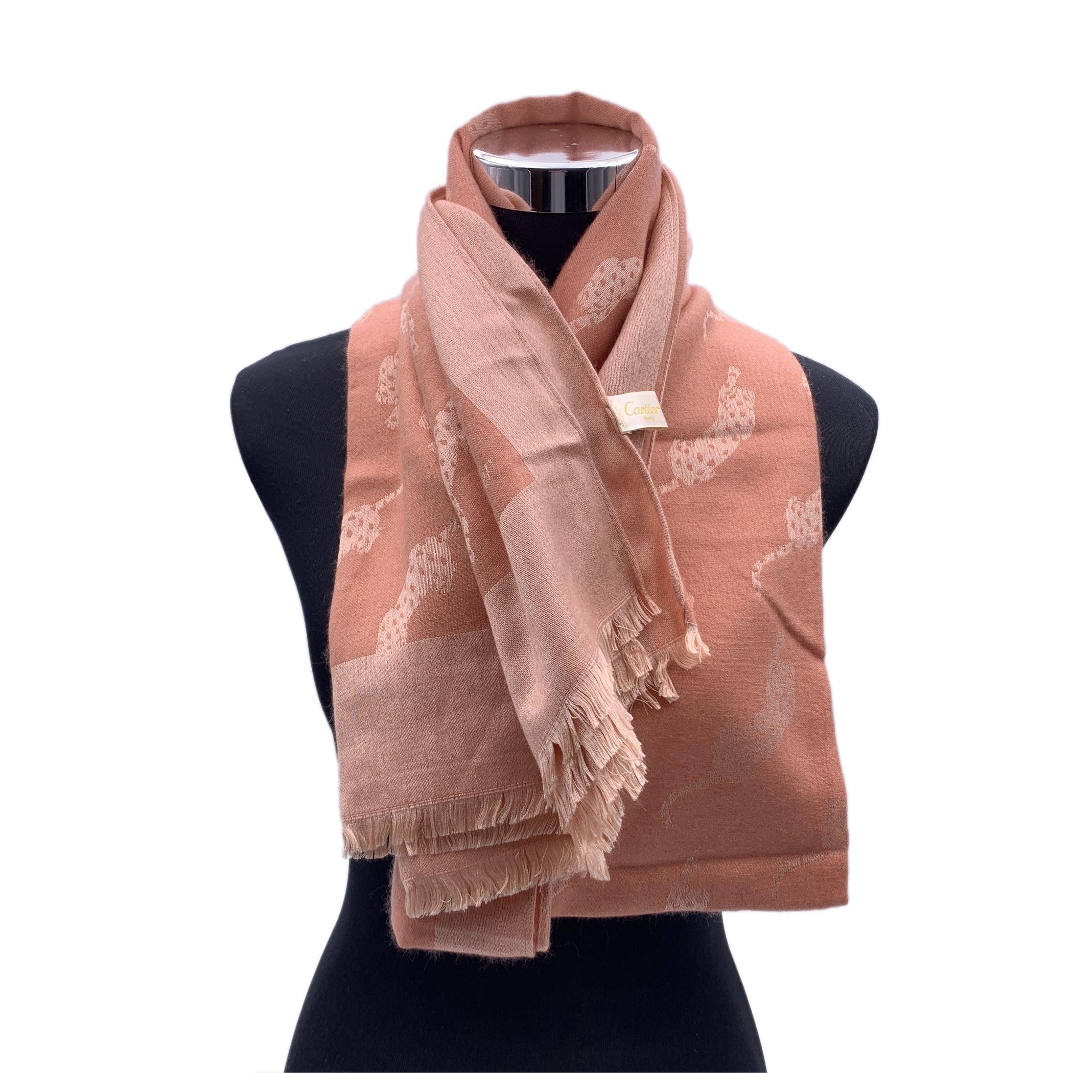Beautiful Cartier Paris vintage cashmere rectangular stole. Composition: 60% cashmere, 40% silk. Panthers design. Pink color. Frayed edges. Composition tag is still attached. Measurements: 26 x 76 inches - 66 x 193,04 cm Condition A - EXCELLENT