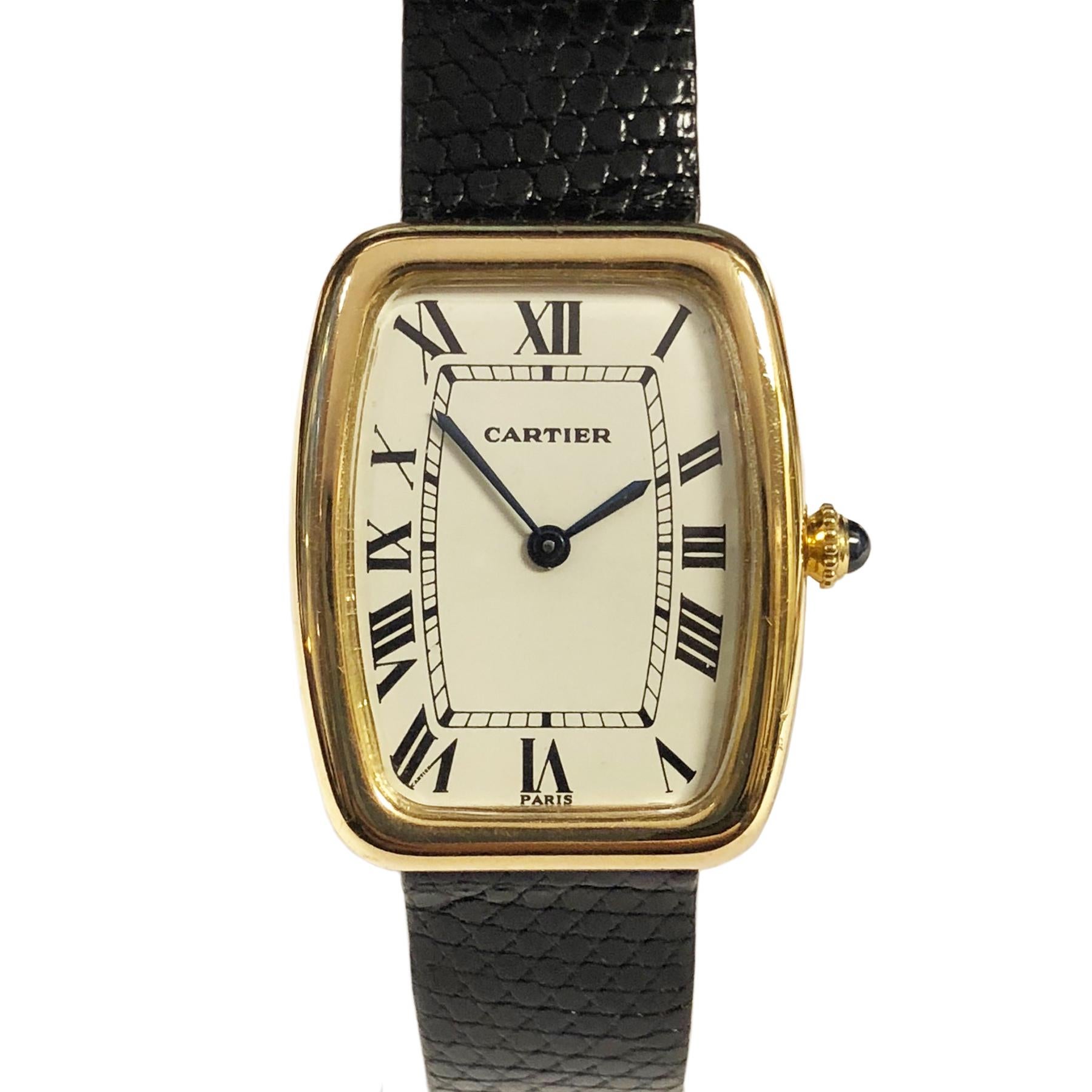 Cartier Paris Vintage Yellow Gold Faberge Tonneau Manual Wind Wristwatch