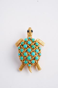 Cartier Paris Vintage Yellow Gold Turquoise Sapphire Turtle Brooch
