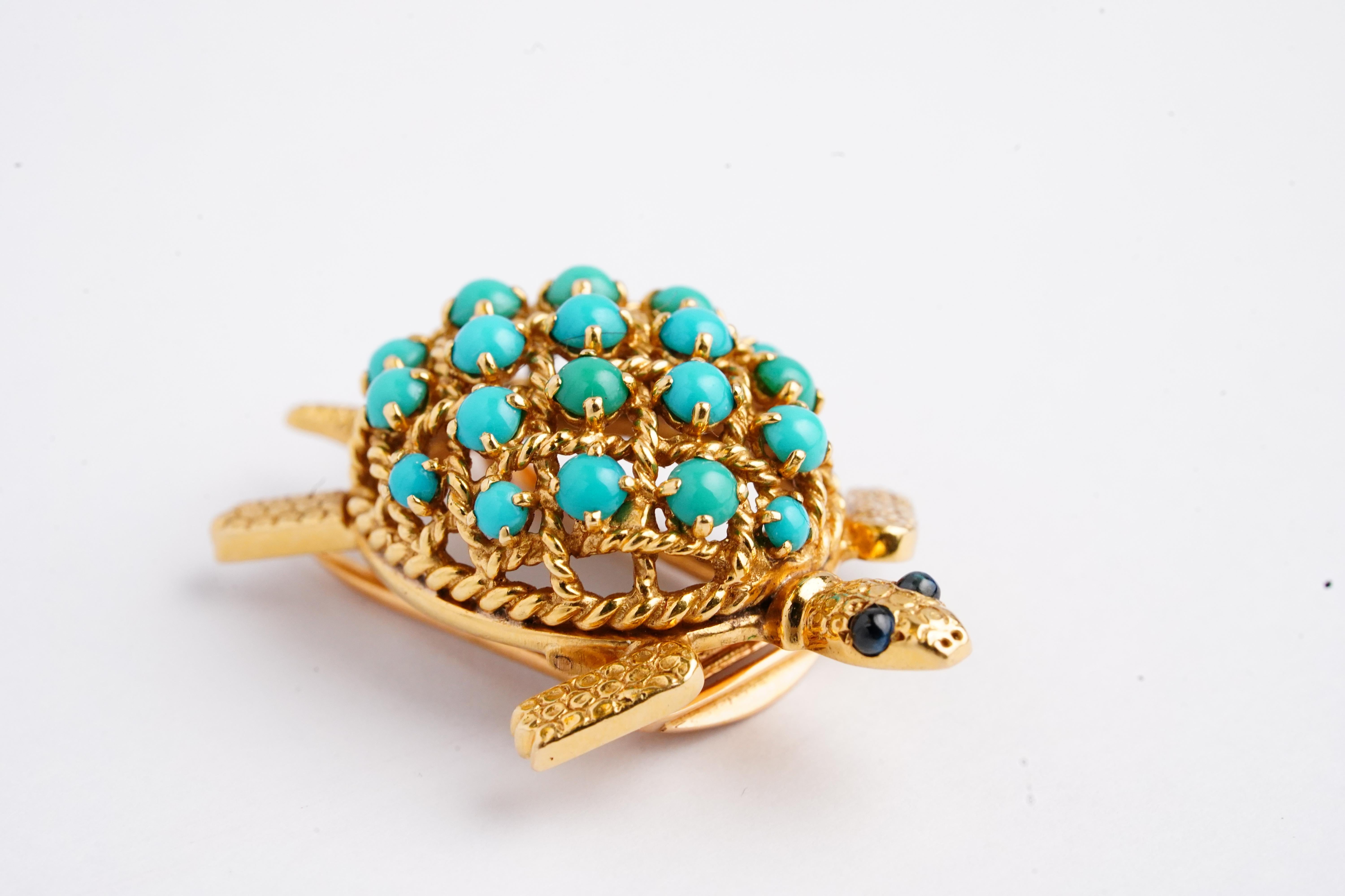 Contemporary Cartier Paris Vintage Yellow Gold Turquoise Sapphire Turtle Brooch For Sale