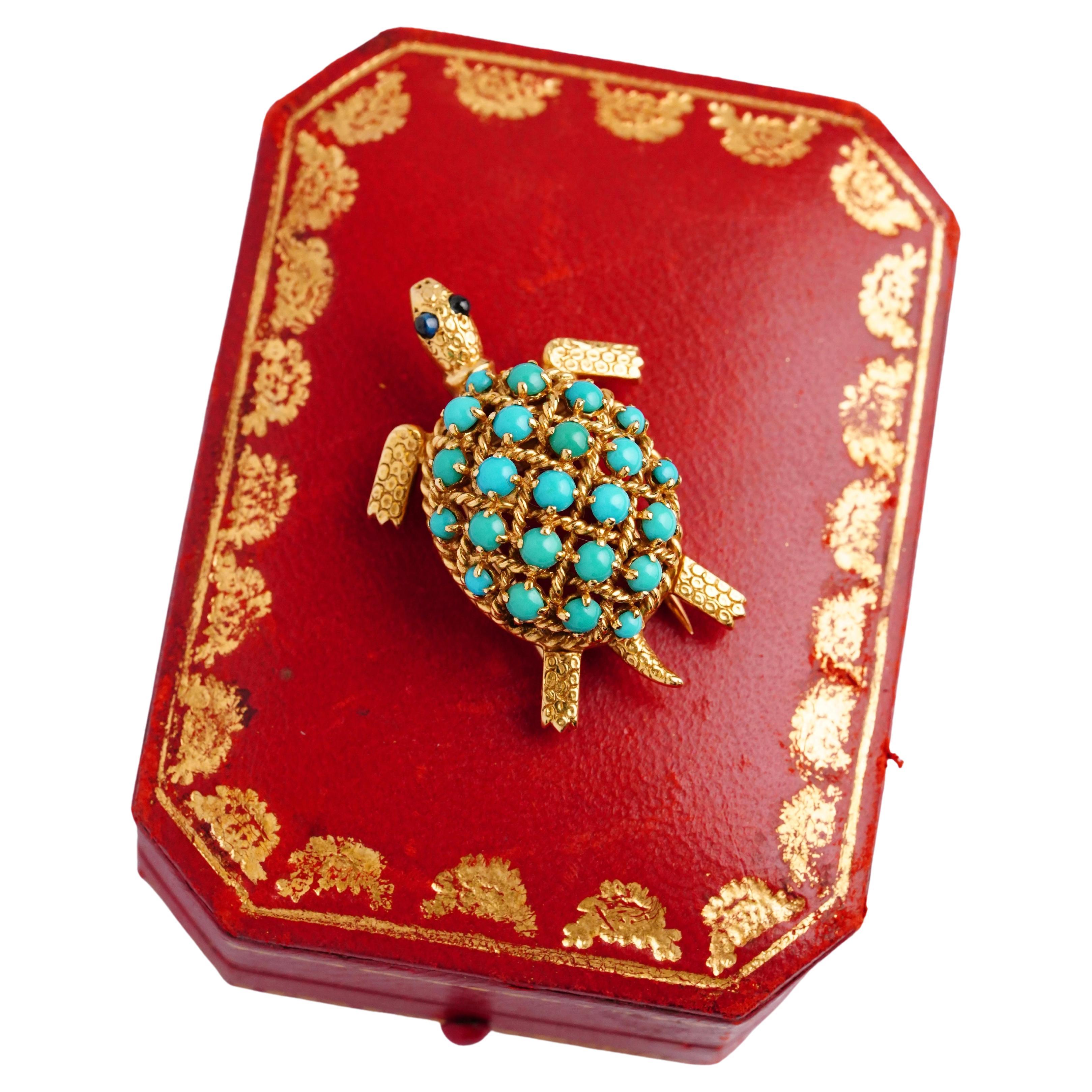 Cartier Paris Vintage Yellow Gold Turquoise Sapphire Turtle Brooch For Sale