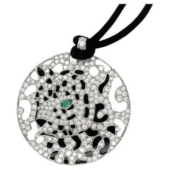 Cartier Paris White Gold Emerald Diamond Panthere Pendant Necklace