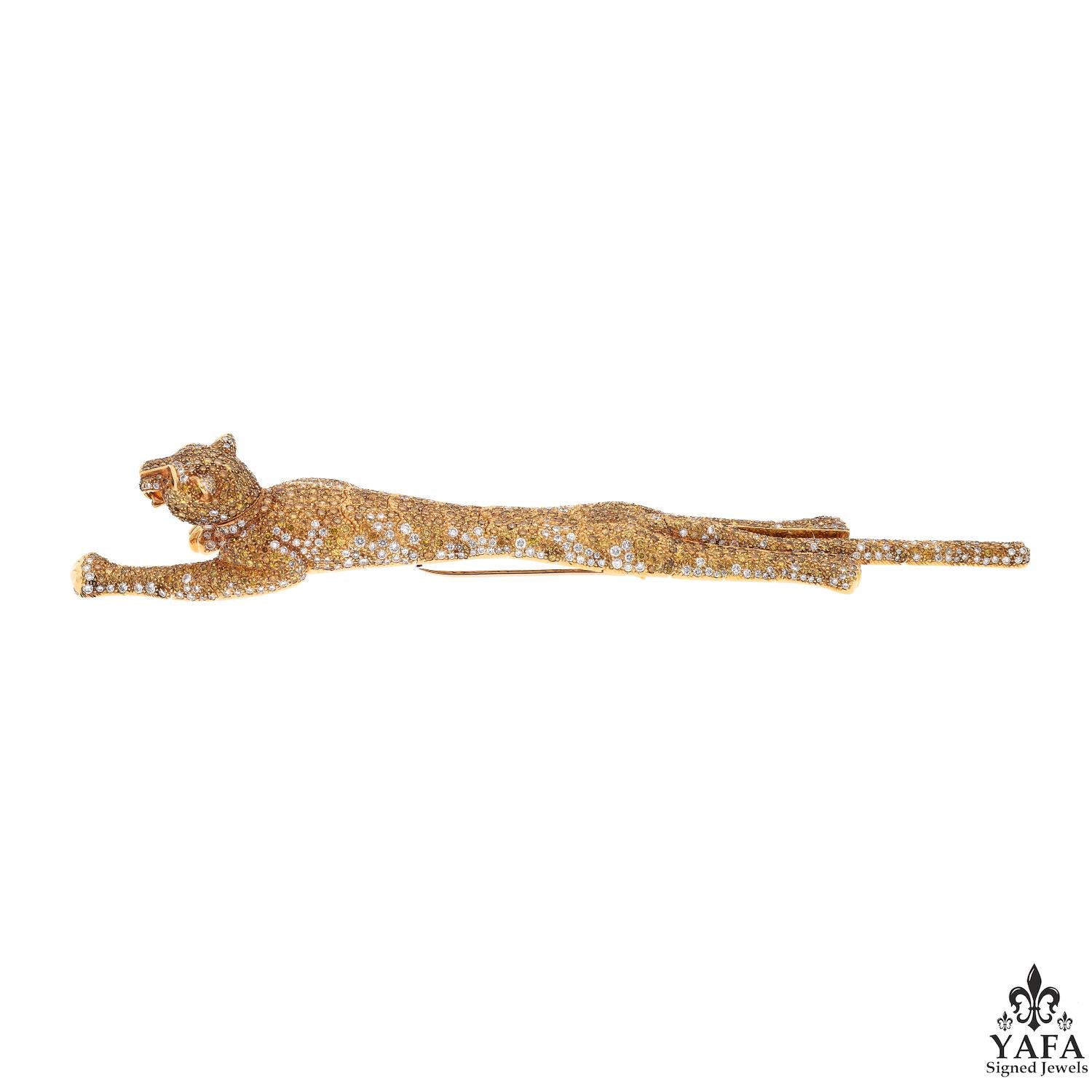 Cartier Paris Yellow Cognac White Diamond Panther Brooch

Cartier describes the Panther as 'The Panther is Cartier’s iconic animal: a wild, untamable animal whose symbolism and elegance have reigned over Maison's creativity since its first