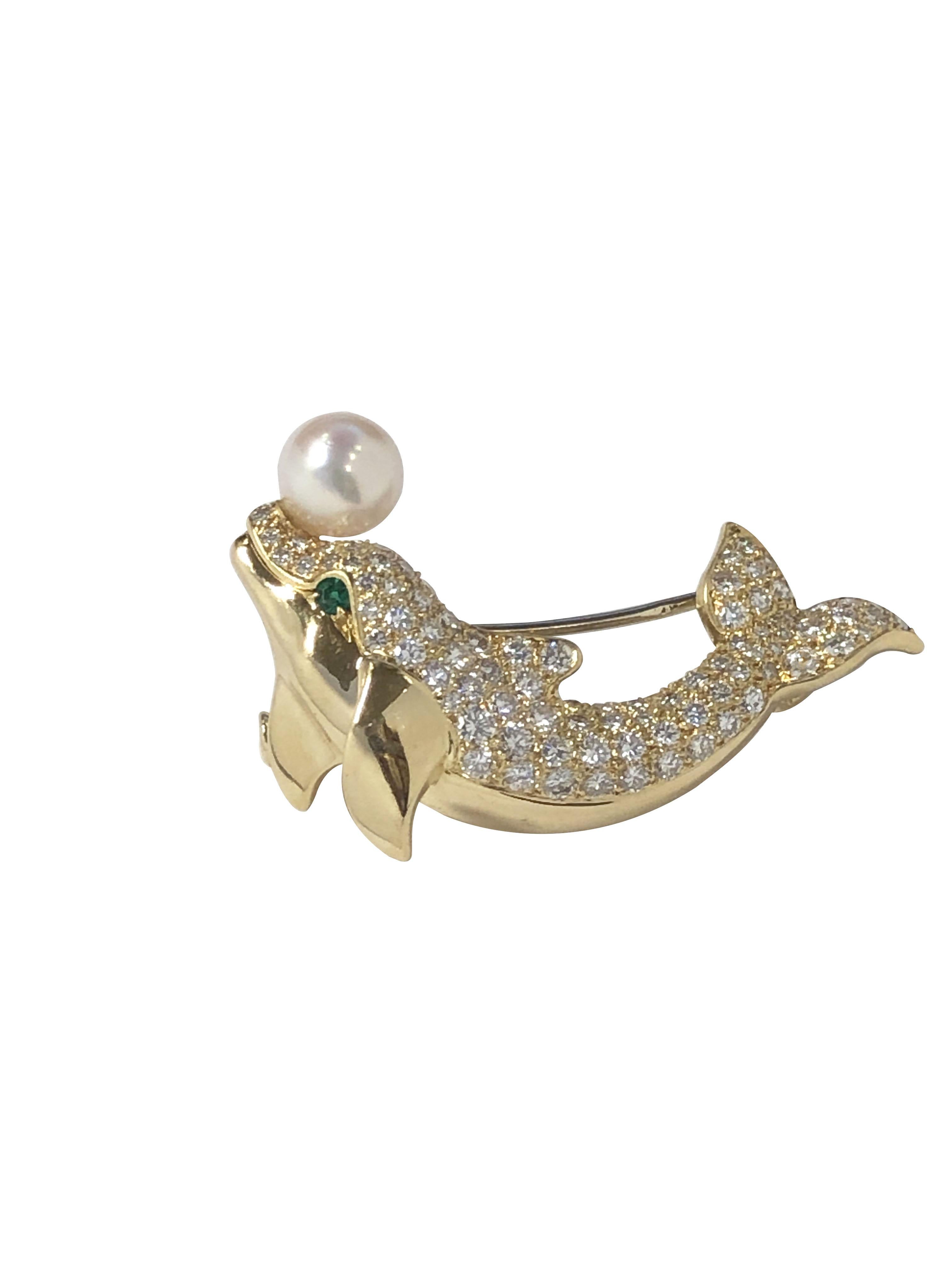 Round Cut Cartier Paris Yellow Gold and Diamond Dolphin clip Brooch  For Sale