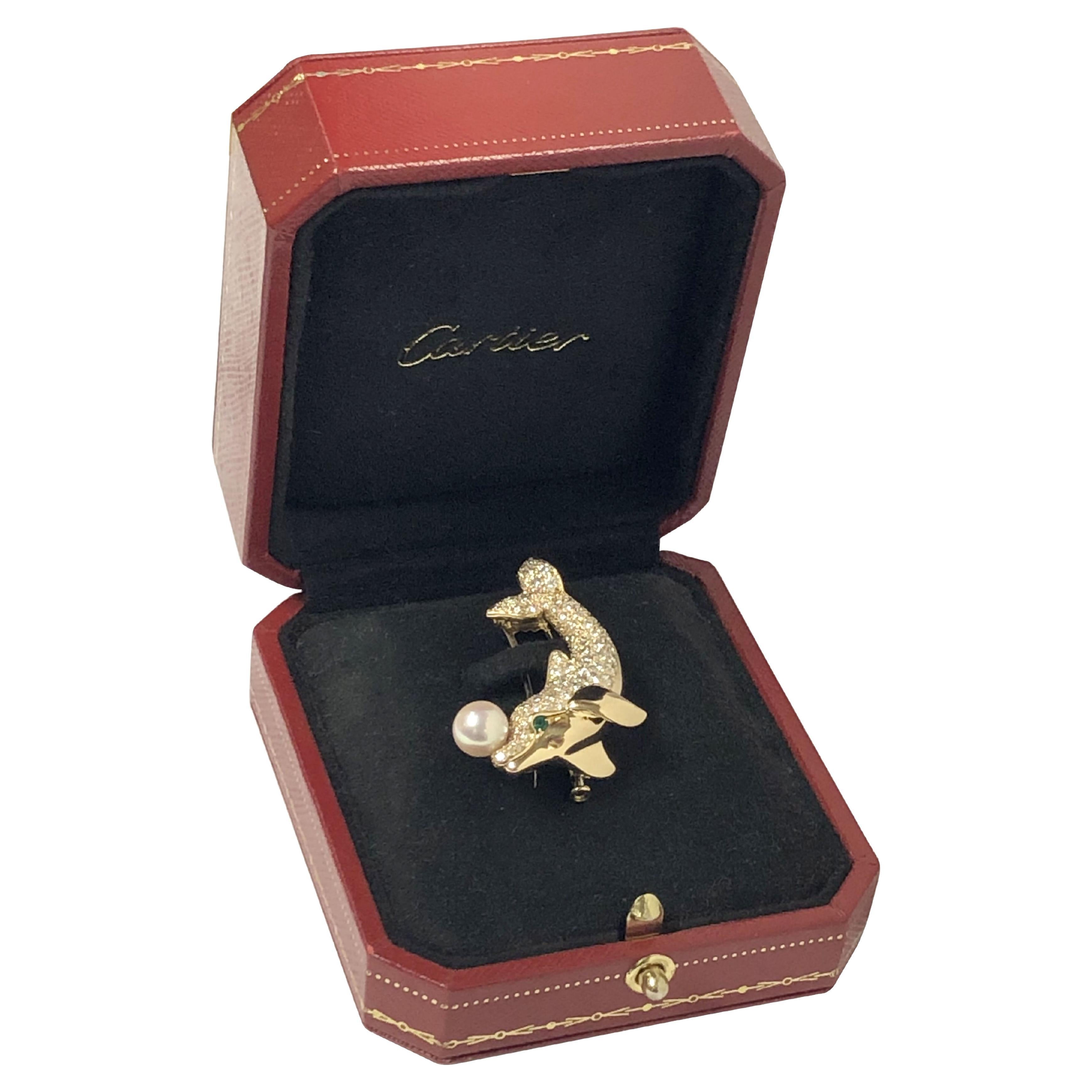 Cartier Paris Yellow Gold and Diamond Dolphin clip Brooch  For Sale