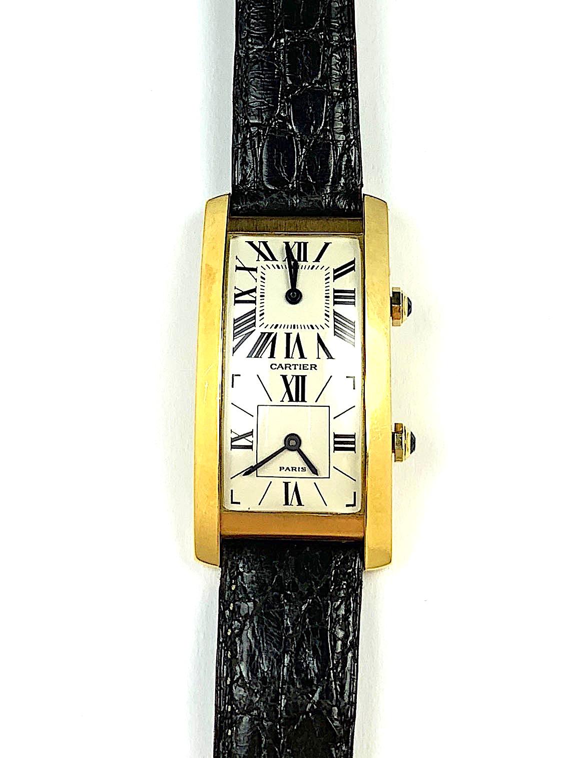 Cartier Paris Gelbgold Cintree Tank Dual Time Mechanische Armbanduhr für Damen oder Herren im Angebot