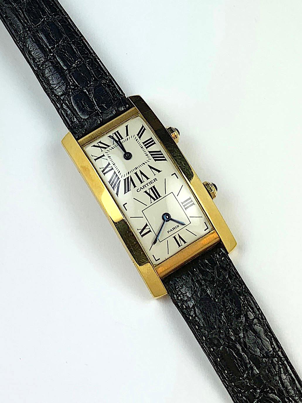 Cartier Paris Gelbgold Cintree Tank Dual Time Mechanische Armbanduhr im Angebot 1