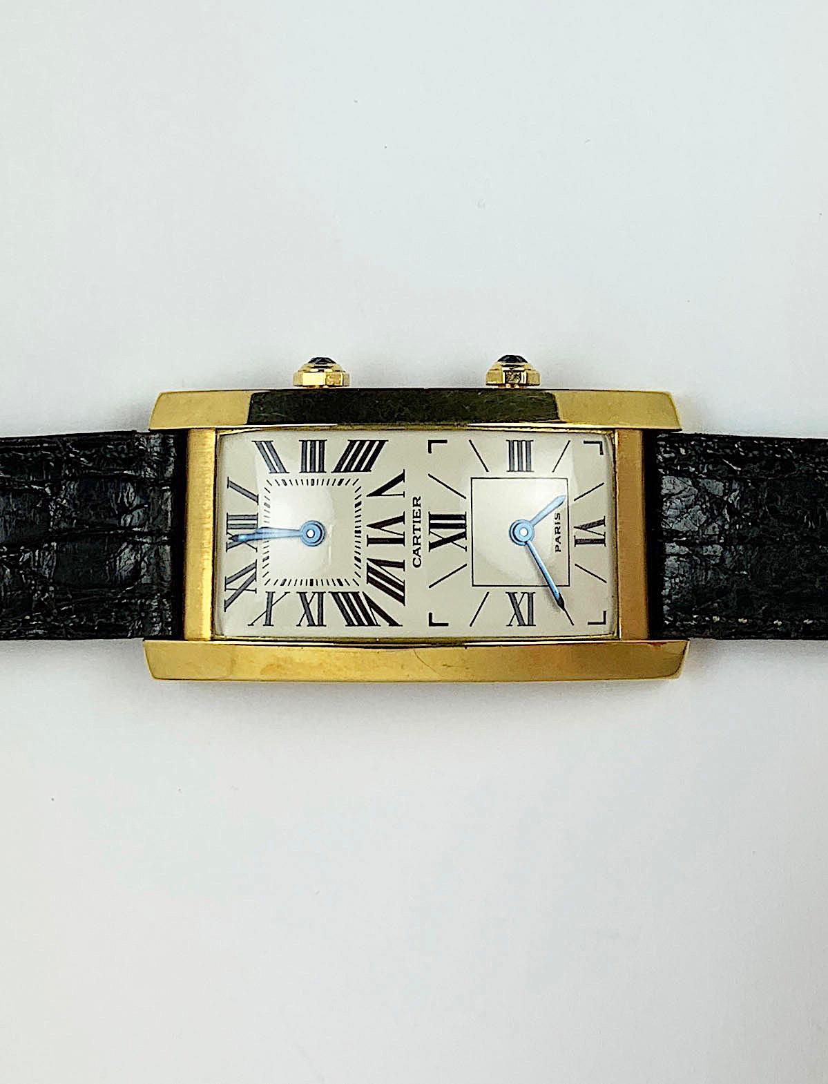 Cartier Paris Yellow Gold Cintree Tank Dual Time Mechanical Wristwatch In Excellent Condition In New York, NY