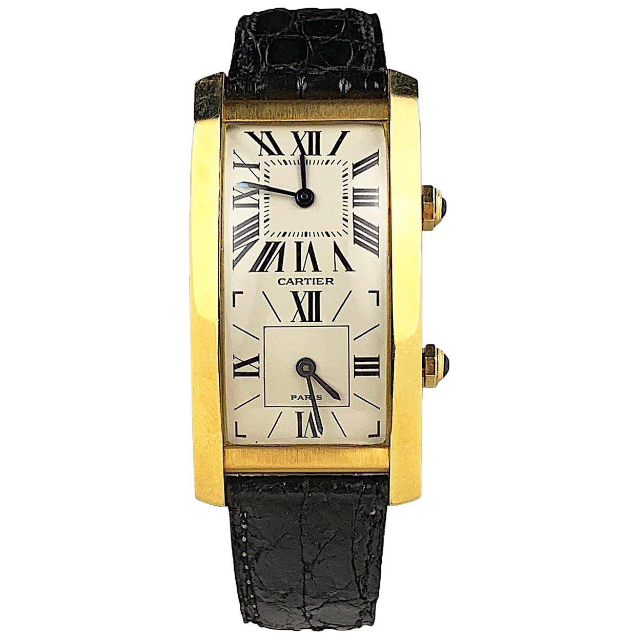 Cartier Montre-bracelet mécanique à double heure Cintree Tank en or jaune, Paris en vente