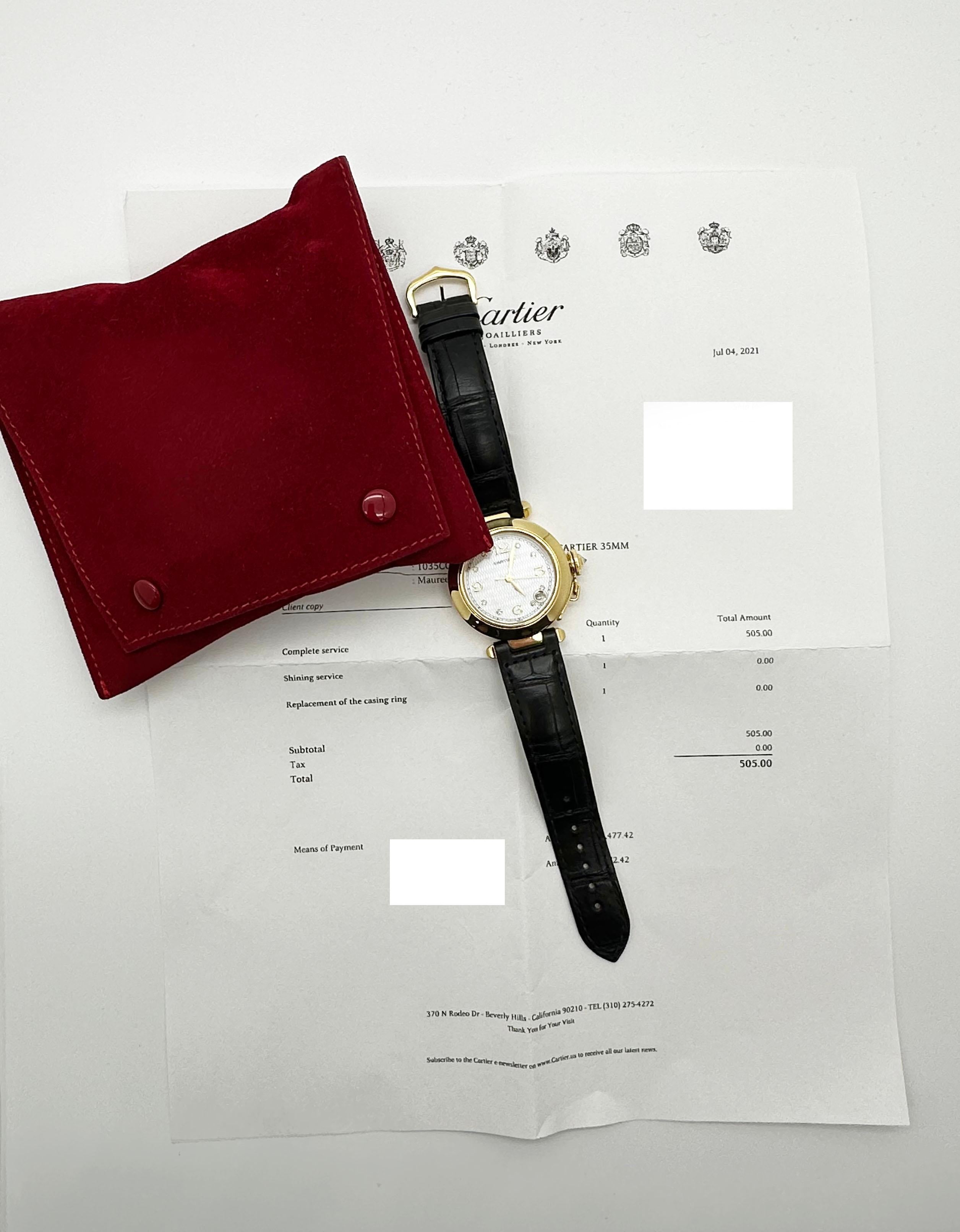 Cartier Pasha 1035 35m MOP Zifferblatt 18K Gelbgold Lederriemen Service Papier im Zustand „Hervorragend“ in San Diego, CA
