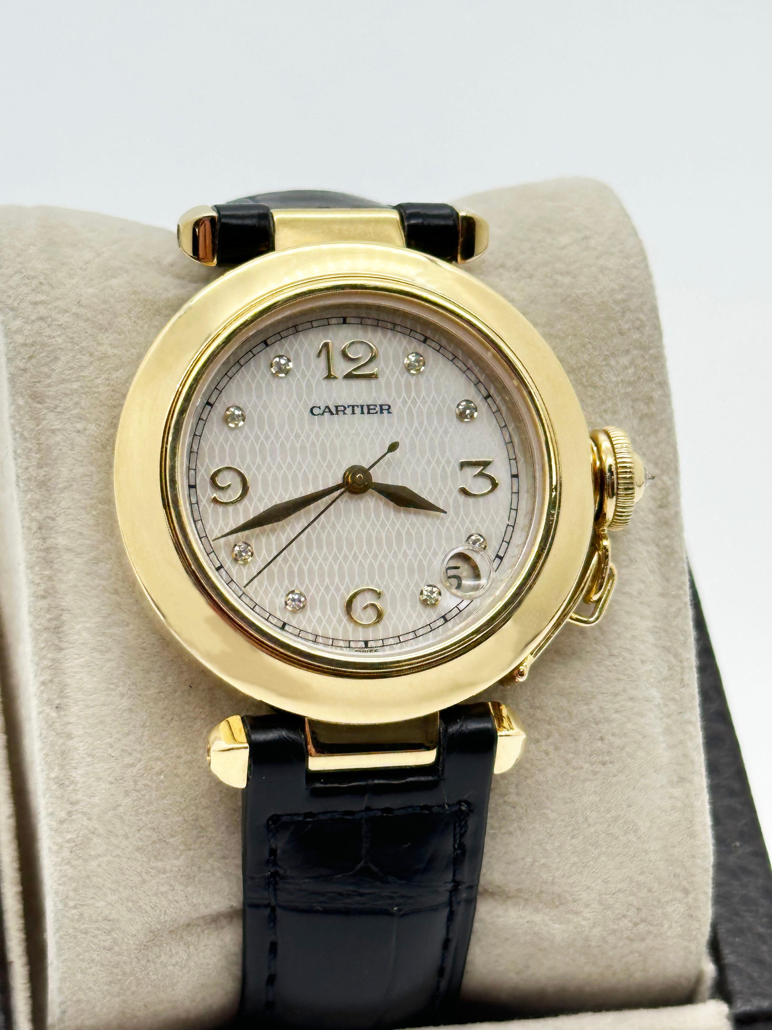 Cartier Pasha 1035 35m MOP Zifferblatt 18K Gelbgold Lederriemen Service Papier 2