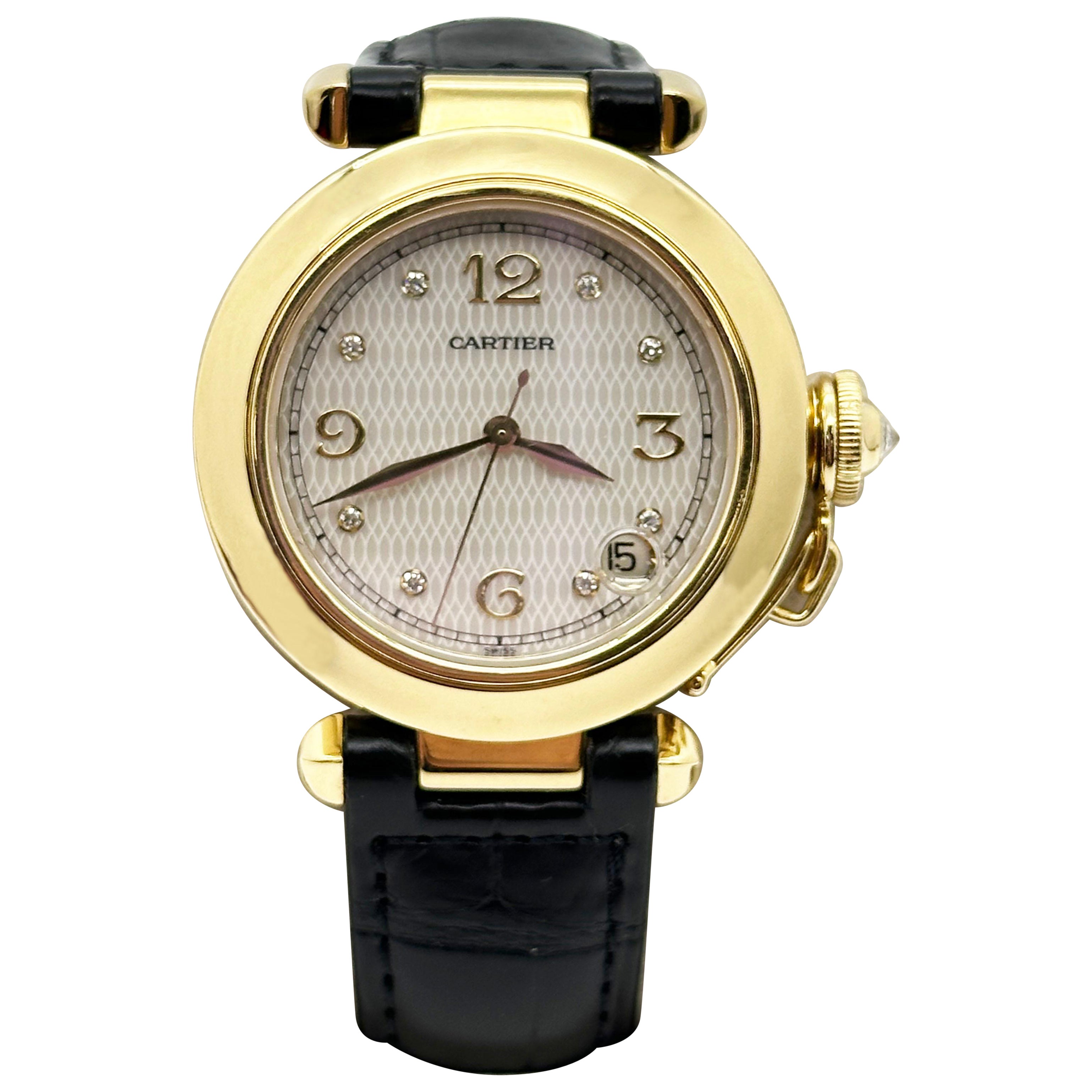 Cartier Pasha 1035 35m MOP Zifferblatt 18K Gelbgold Lederriemen Service Papier