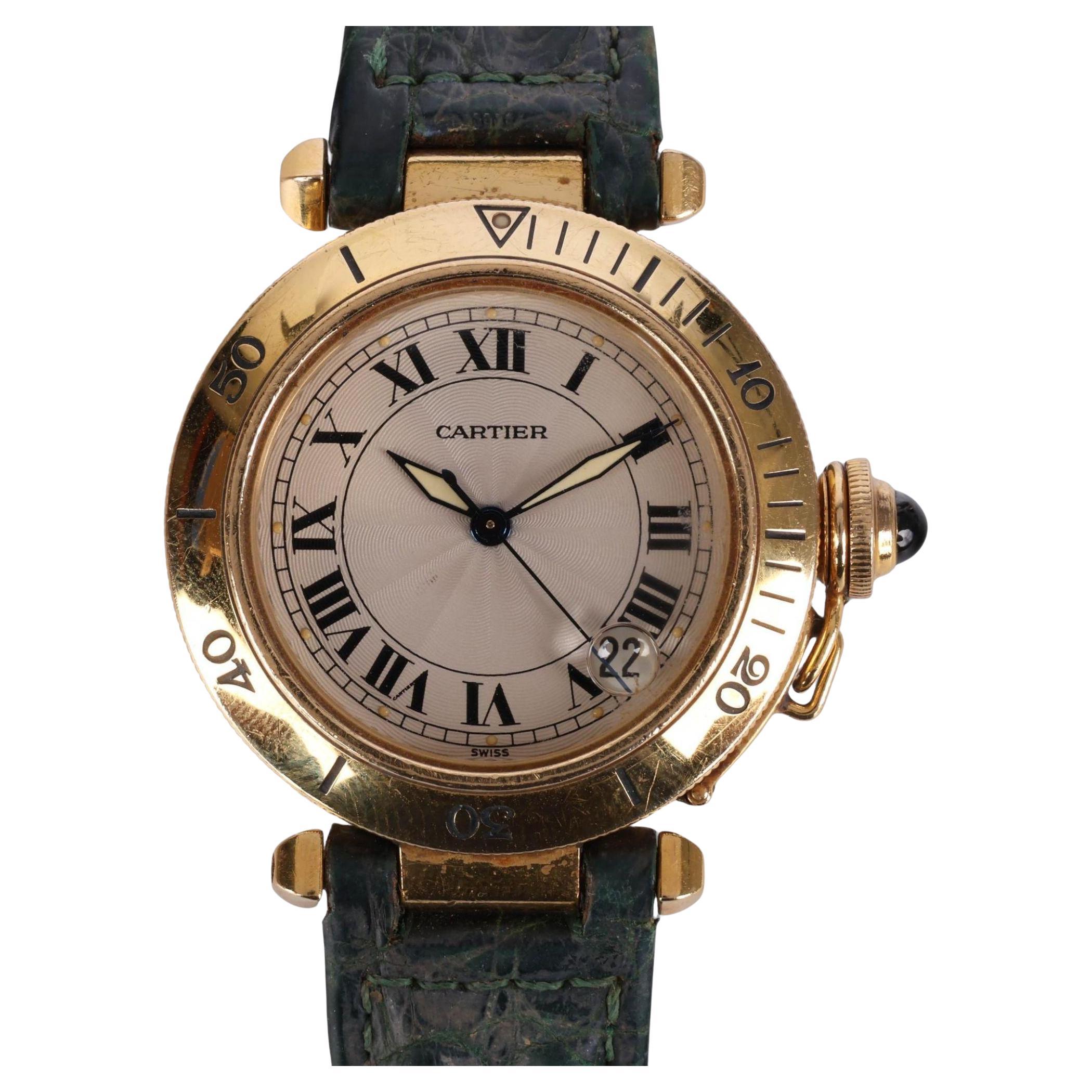 Cartier Pasha 1035 Automatic Watch 18K Gold Ivory Dial Alligator Strap 35mm en venta