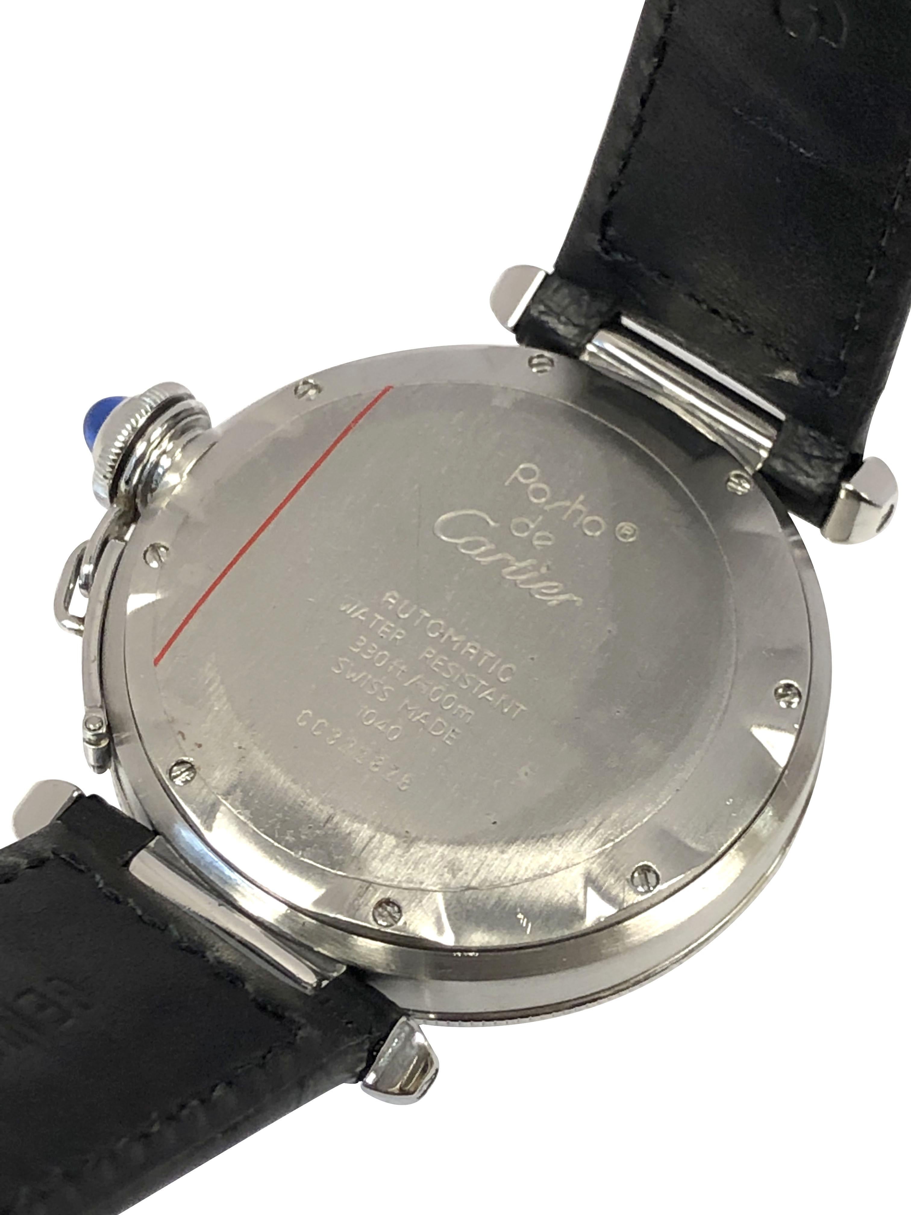 Circa 2005 Cartier Pasha Wrist Watch, 38 M.M. Stainless Steel 3 piece water resistant case with Rotating Bezel and Screw down Sapphire set crown. Automatic, Self winding movement, Gray textured dial with raised markers, a calendar window at the 5