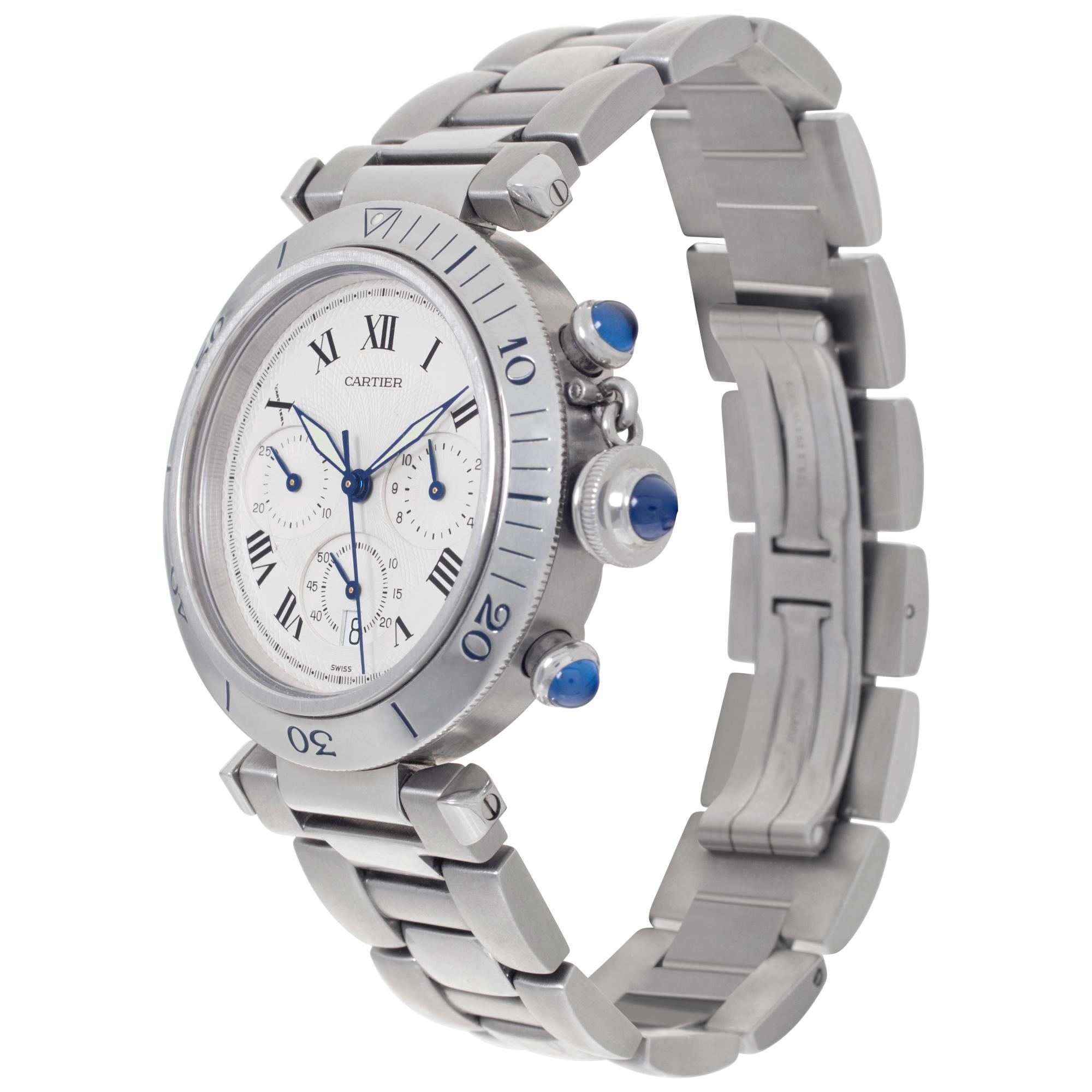 Cartier Pasha in stainless steel. Quartz w/ subseconds, date and chronograph. 38 mm case size. Ref 1050. Fine Pre-owned Cartier Watch. Certified preowned Sport Cartier Pasha 1050 watch is made out of Stainless steel on a Stainless Steel bracelet
