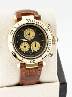 Cartier Pasha 1353 Chronograph Grey Dial 18K Yellow Gold Leather Strap 35mm