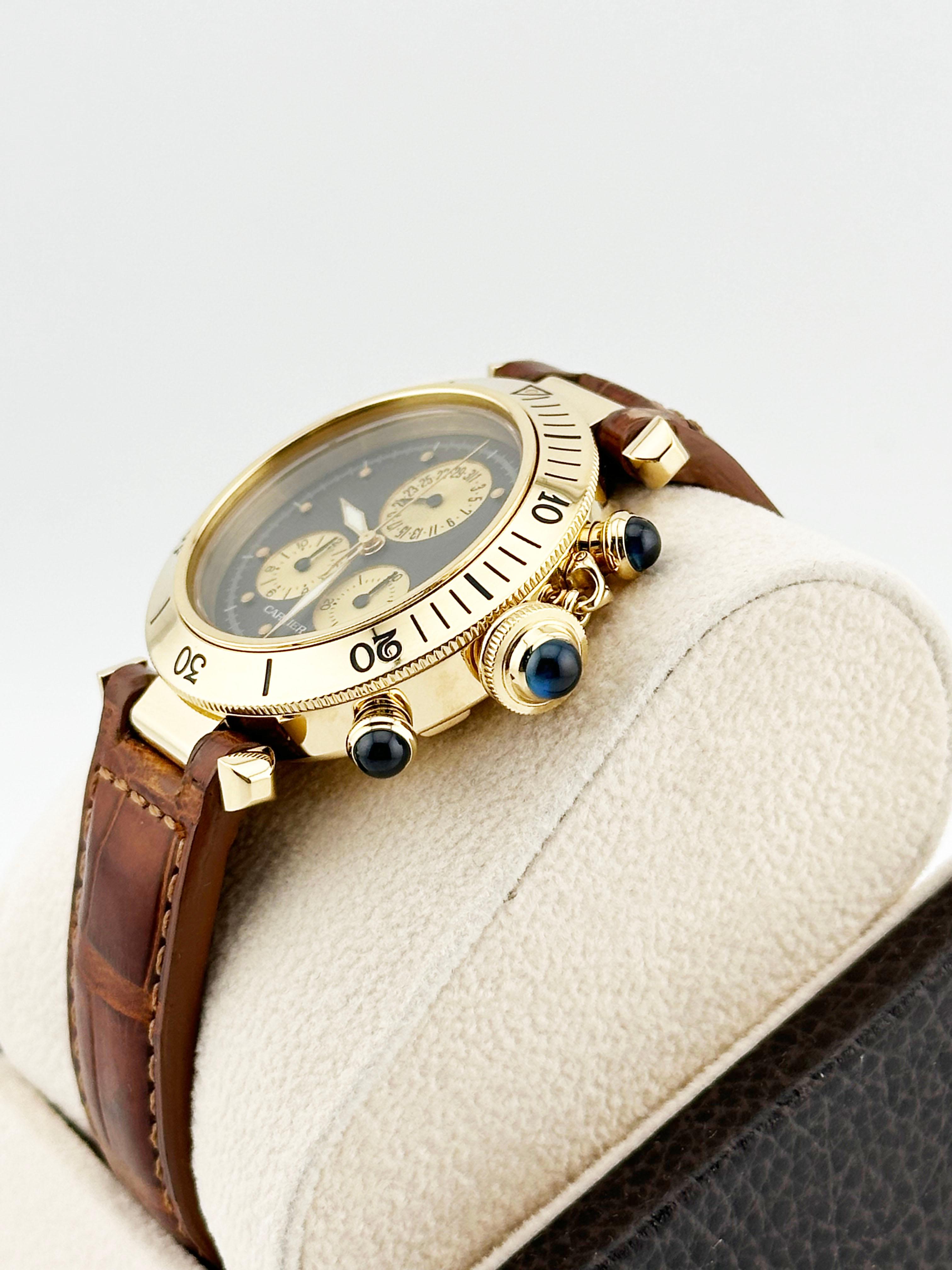 De los hombres Cartier Pasha 1353 Cronógrafo Esfera Gris Oro Amarillo 18K Correa de Piel 35mm en venta