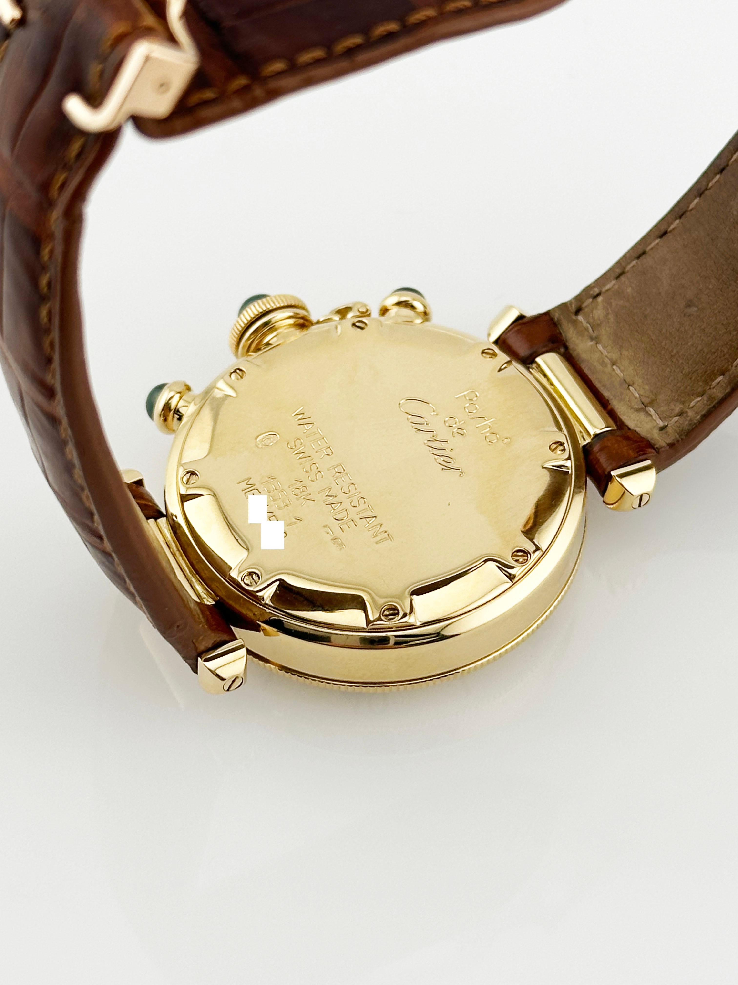 Cartier Pasha 1353 Cronógrafo Esfera Gris Oro Amarillo 18K Correa de Piel 35mm en venta 3