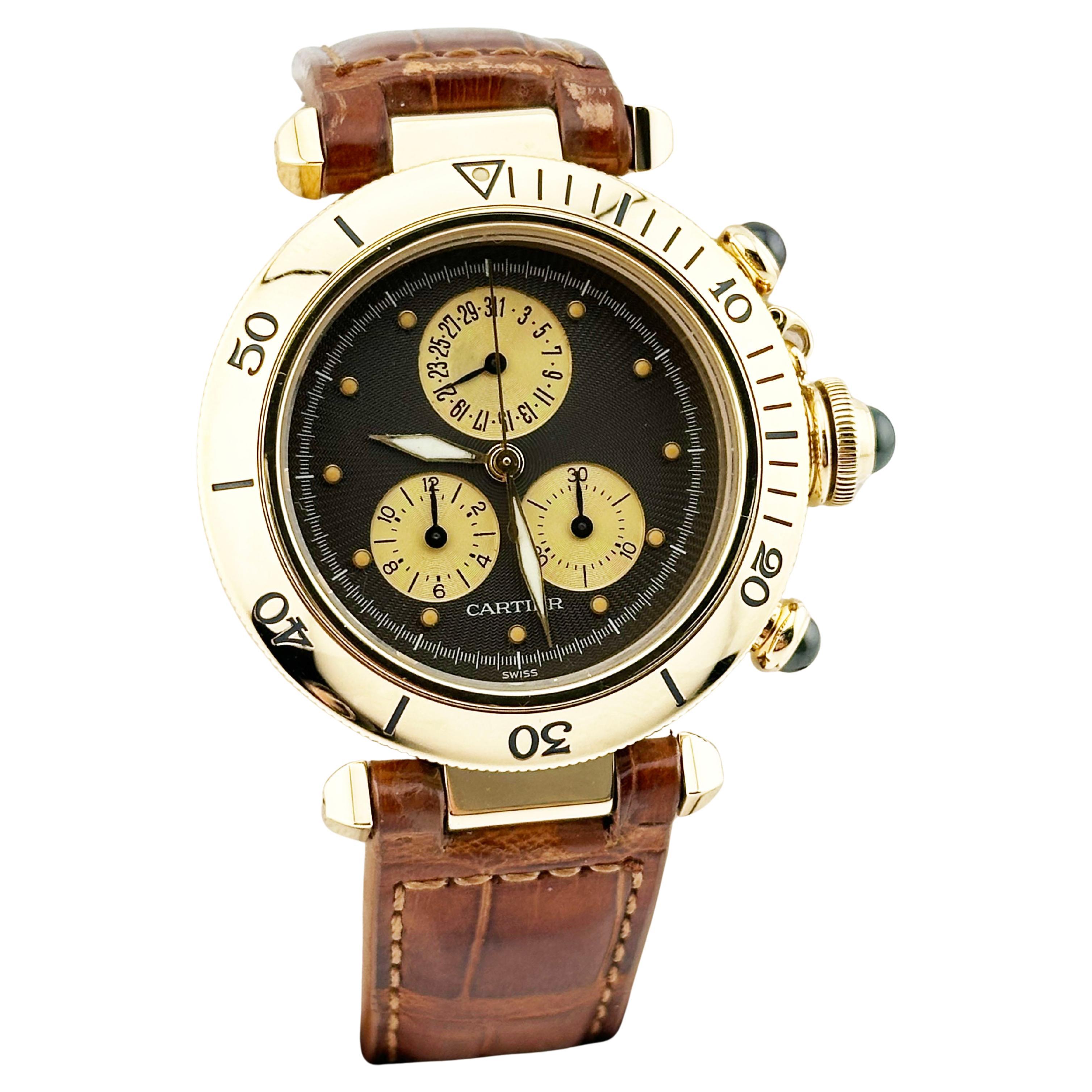 Cartier Pasha 1353 Cronógrafo Esfera Gris Oro Amarillo 18K Correa de Piel 35mm en venta