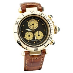 Cartier Pasha 1353 Chronograph Grey Dial 18K Yellow Gold Leather Strap 35mm