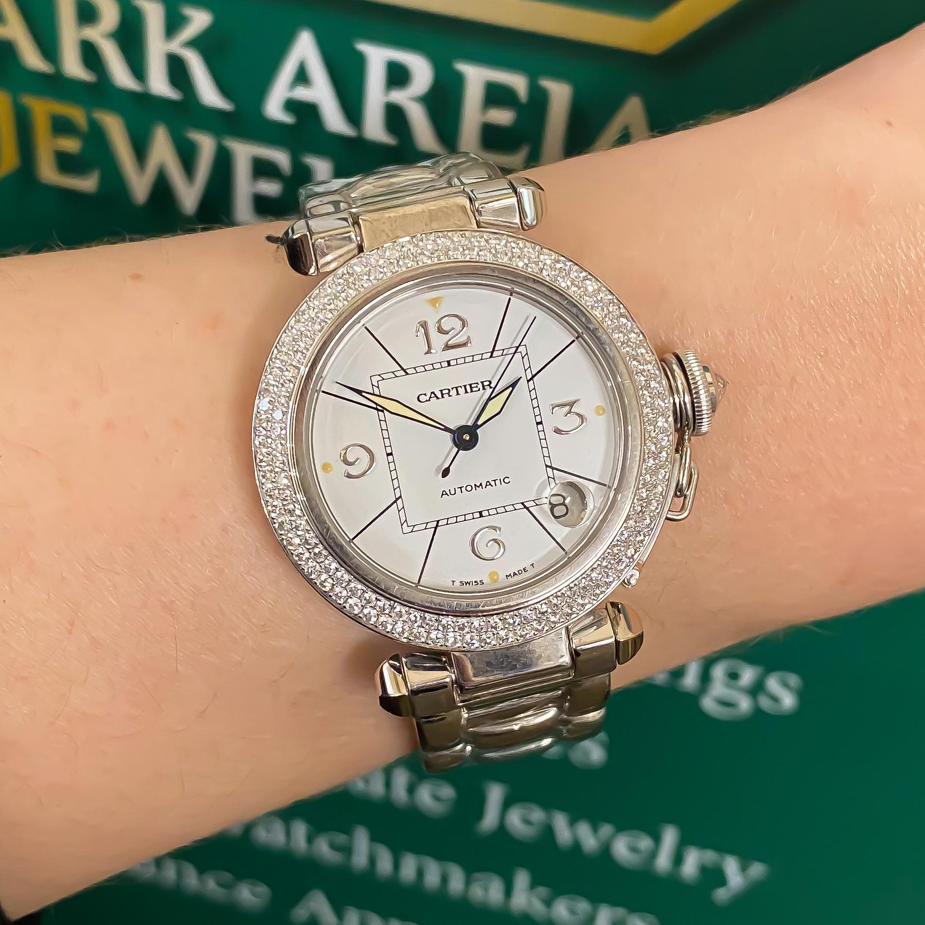 Round Cut Cartier Pasha 18 Karat Solid White Gold Diamond Bezel, Automatic, 2.86 Carat For Sale