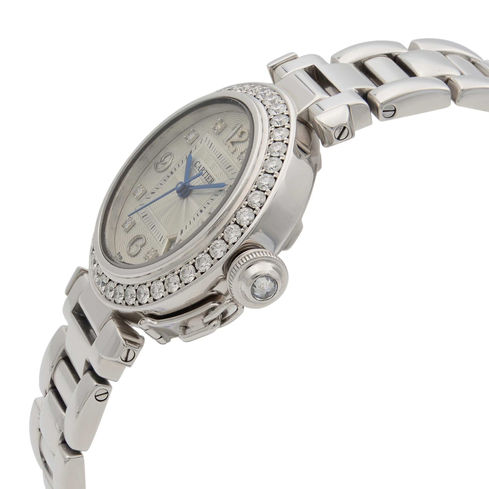 Cartier Pasha 18 Karat White Gold Diamond Watch Automatic Ladies Watch 2398 In Excellent Condition In New York, NY