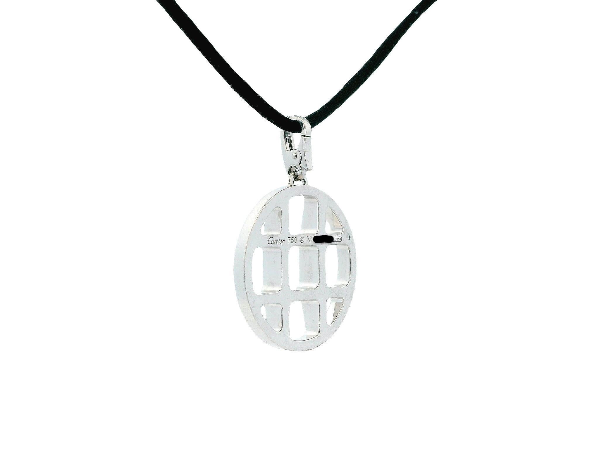 Cartier Pasha 18K White Gold Grid Pendant Necklace Black Cord In Good Condition For Sale In Great Neck Plaza, NY