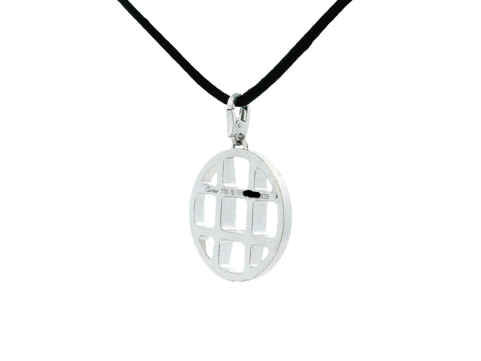 Women's or Men's Cartier Pasha 18K White Gold Grid Pendant Necklace Black Cord For Sale
