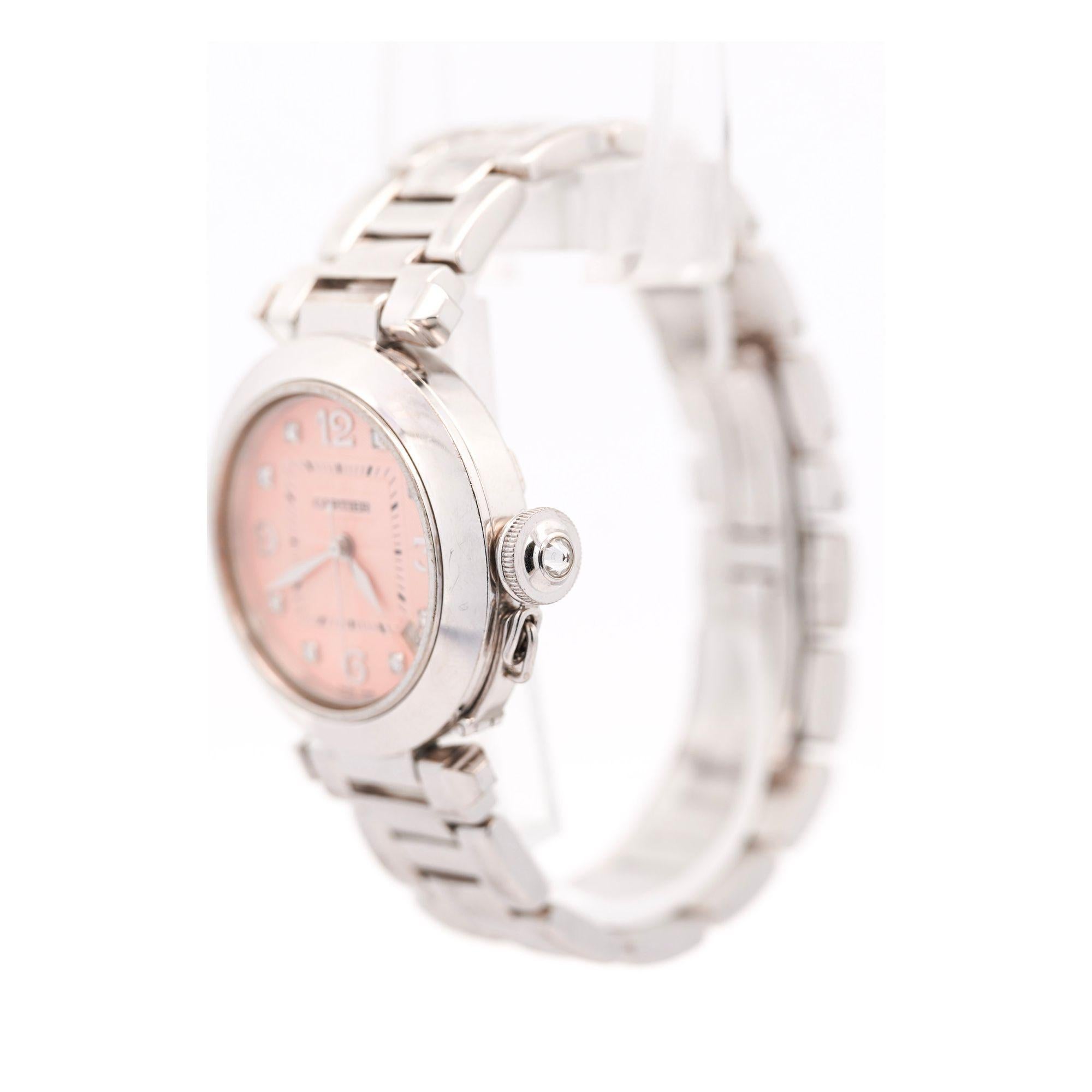 Cartier Pasha 2308 Diamant 18K Weißgold Rosa Zifferblatt Armband Automatikuhr im Angebot 4