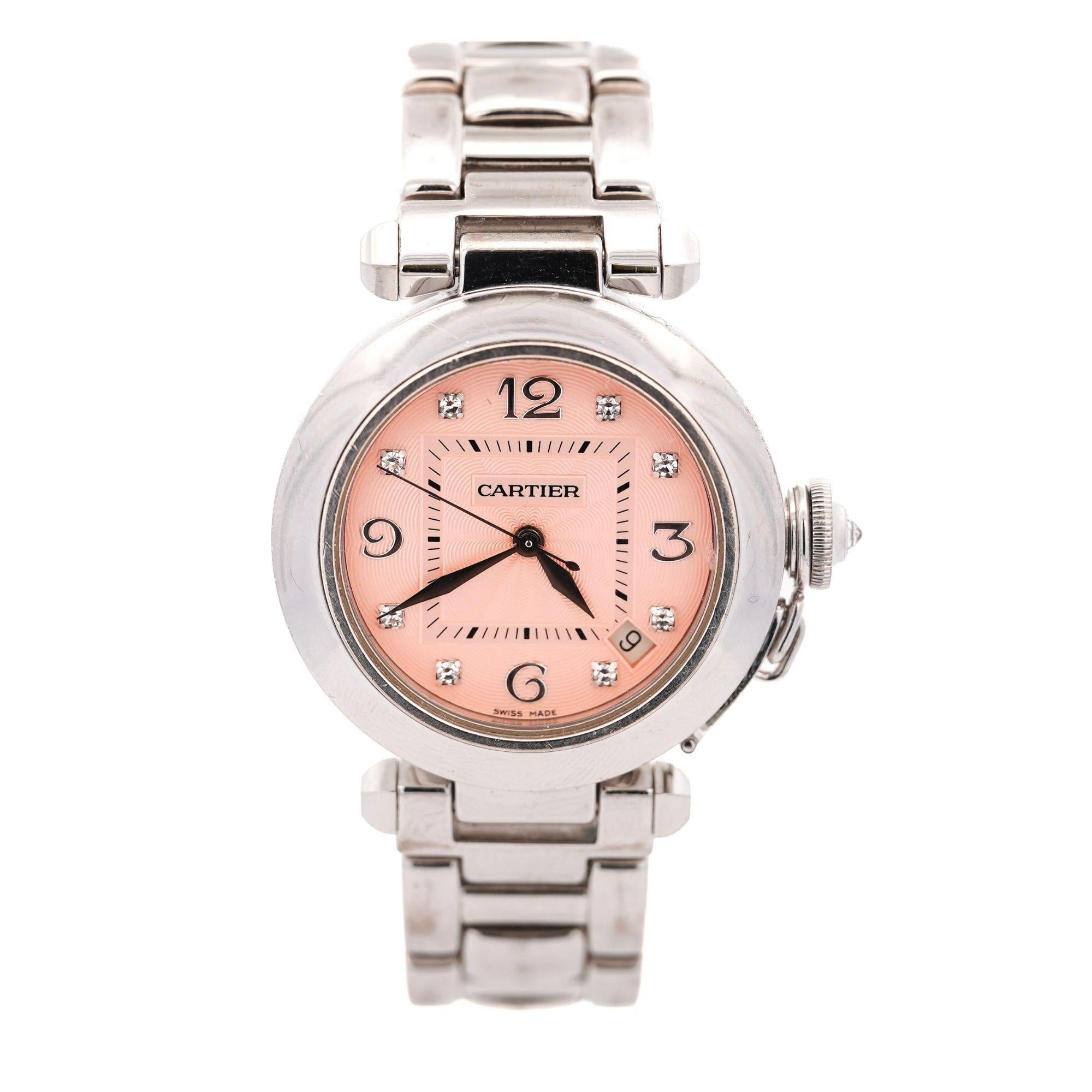 Cartier Pasha 2308 Diamant 18K Weißgold Rosa Zifferblatt Armband Automatikuhr im Angebot 5