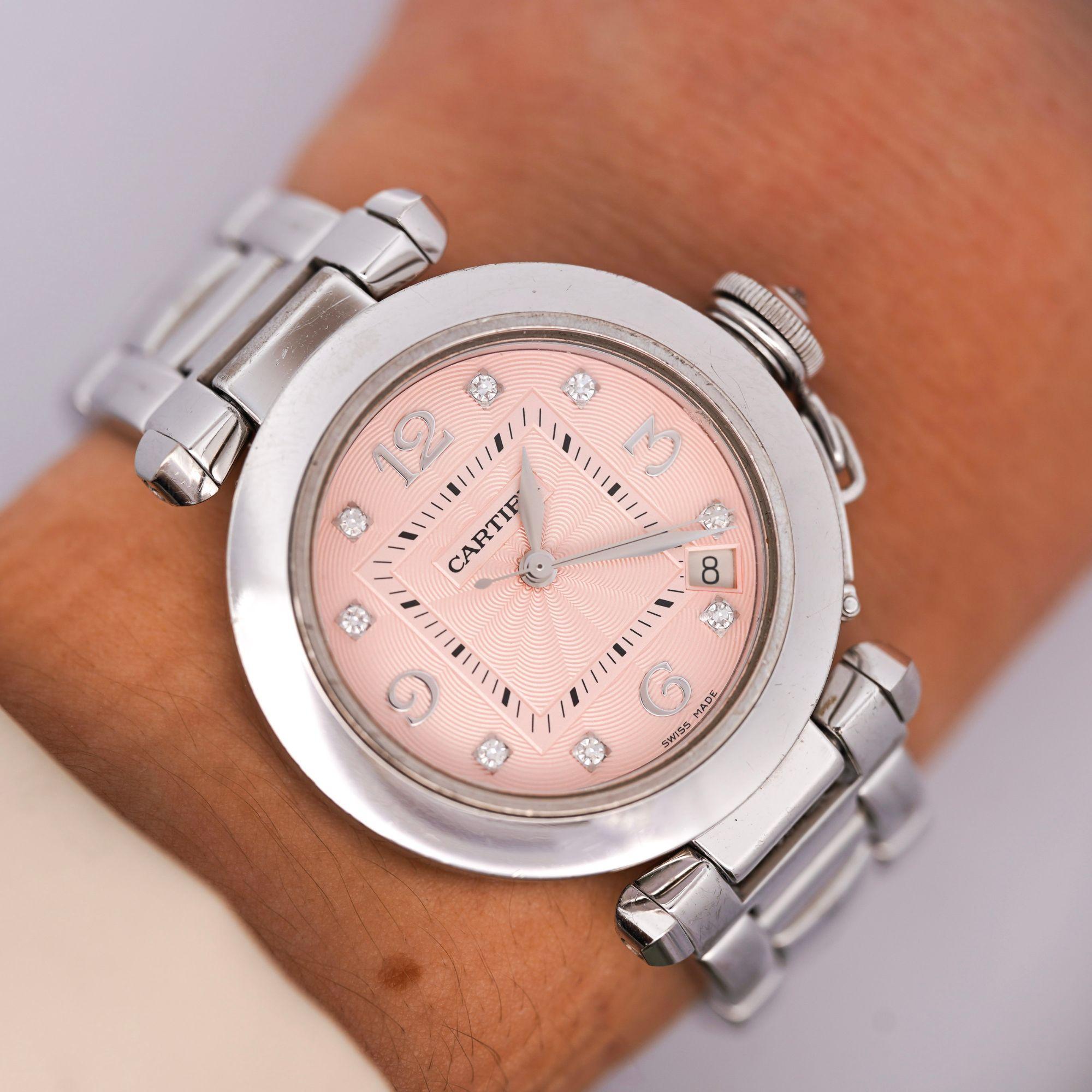 Cartier Pasha 2308 Diamant 18K Weißgold Rosa Zifferblatt Armband Automatikuhr im Angebot 2