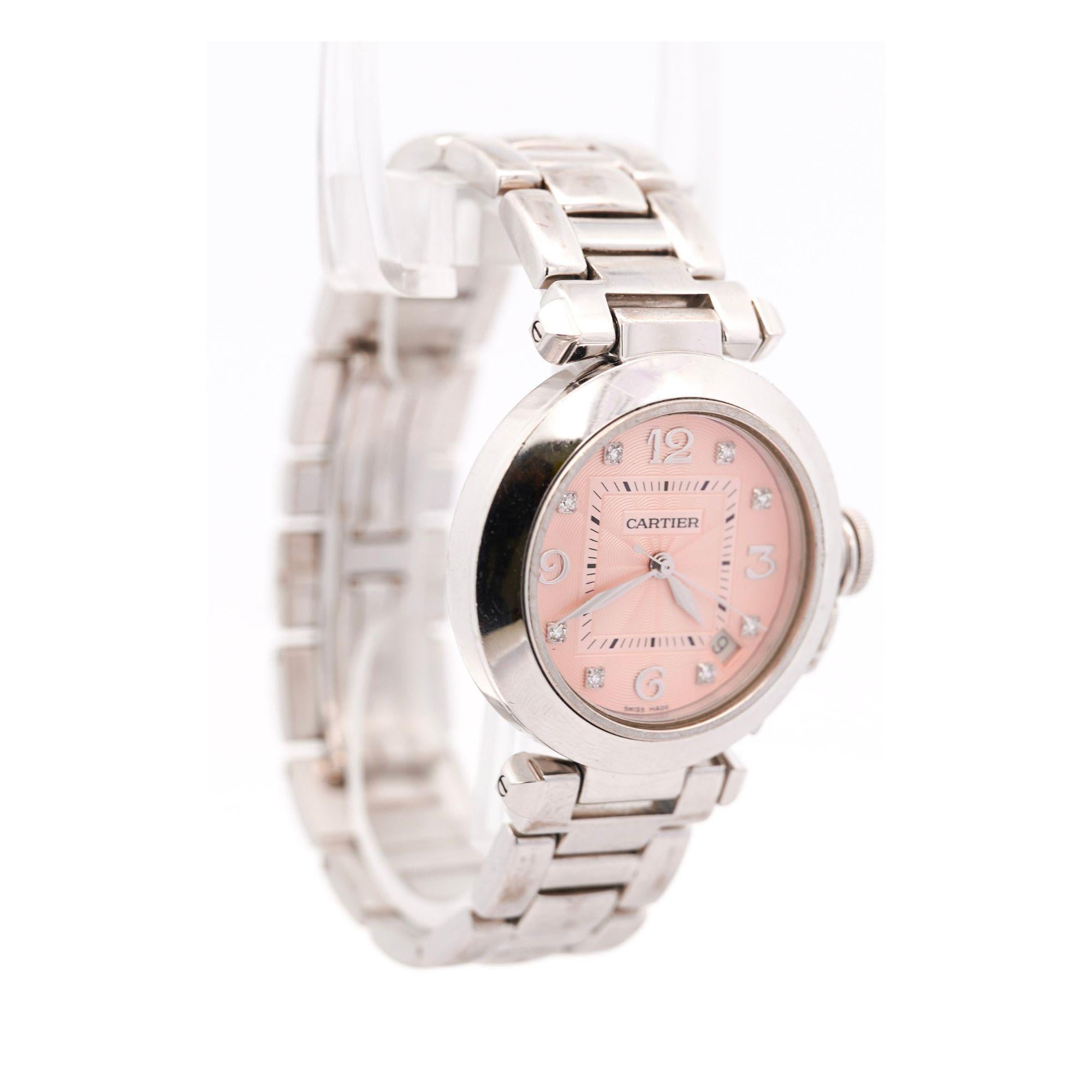 Cartier Pasha 2308 Diamant 18K Weißgold Rosa Zifferblatt Armband Automatikuhr im Angebot 3