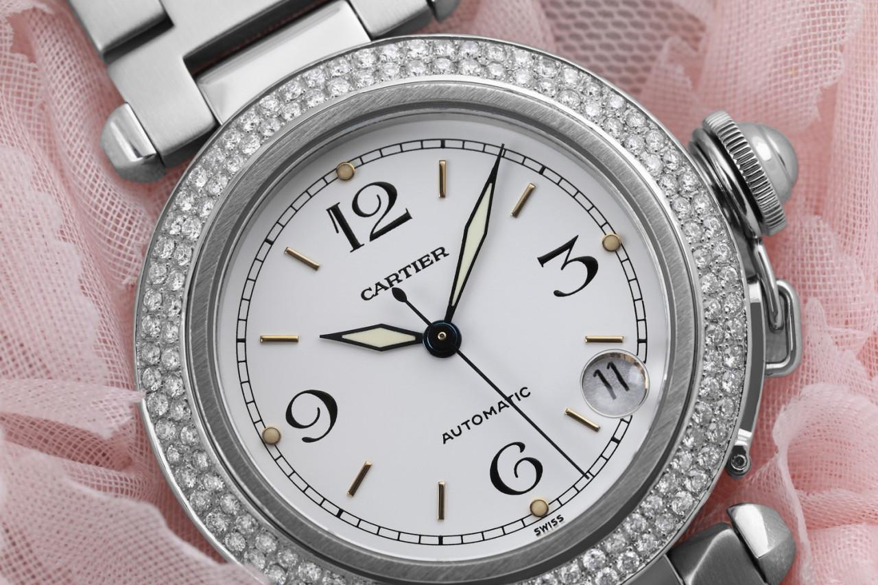 Cartier Pasha #2324 automatic stainless steel watch. 35mm stainless steel case, custom 2 row diamond bezel, champagne grid dial, date, on stainless steel bracelet.
