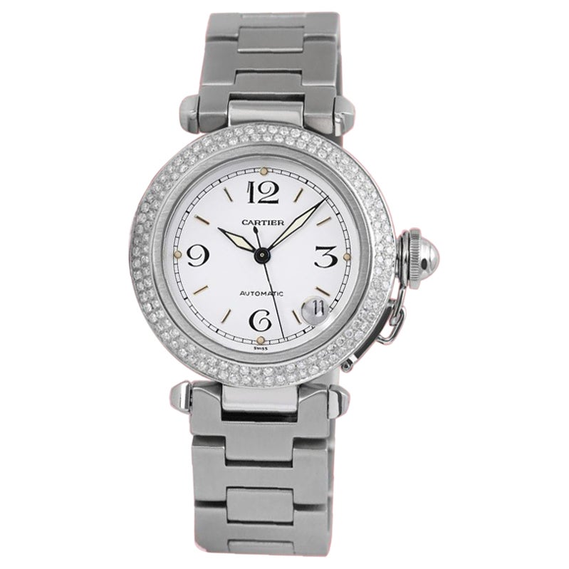 Cartier Pasha #2324 Edelstahl-Uhr mit maßgefertigten Diamanten