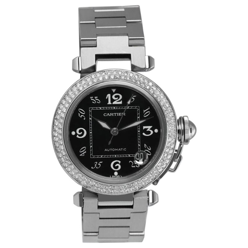 Cartier Pasha #2324 Edelstahl-Uhr mit maßgefertigten Diamanten