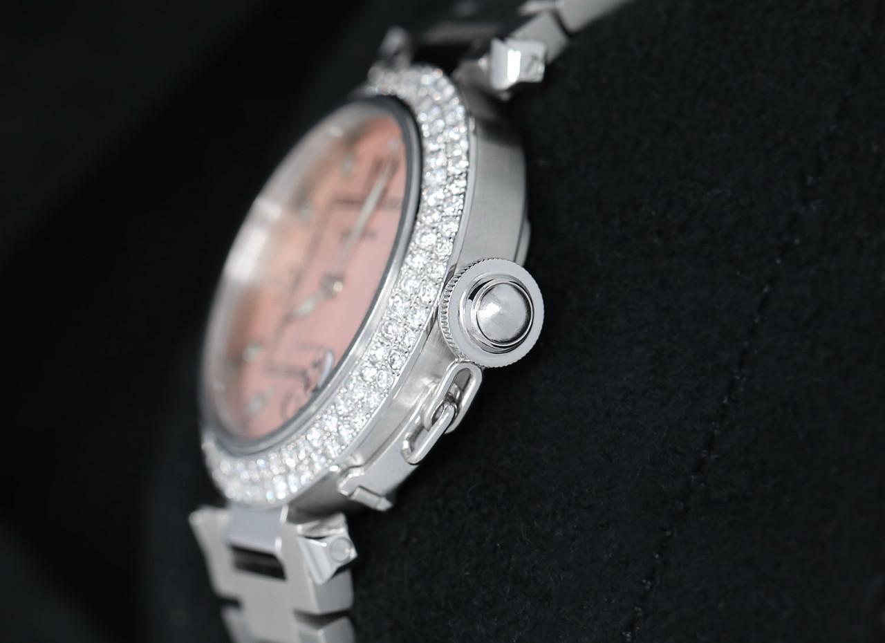 Cartier Pasha #2324 Damenuhr aus Edelstahl mit rosa Diamant-Zifferblatt und Diamant-Lünette (Rundschliff) im Angebot