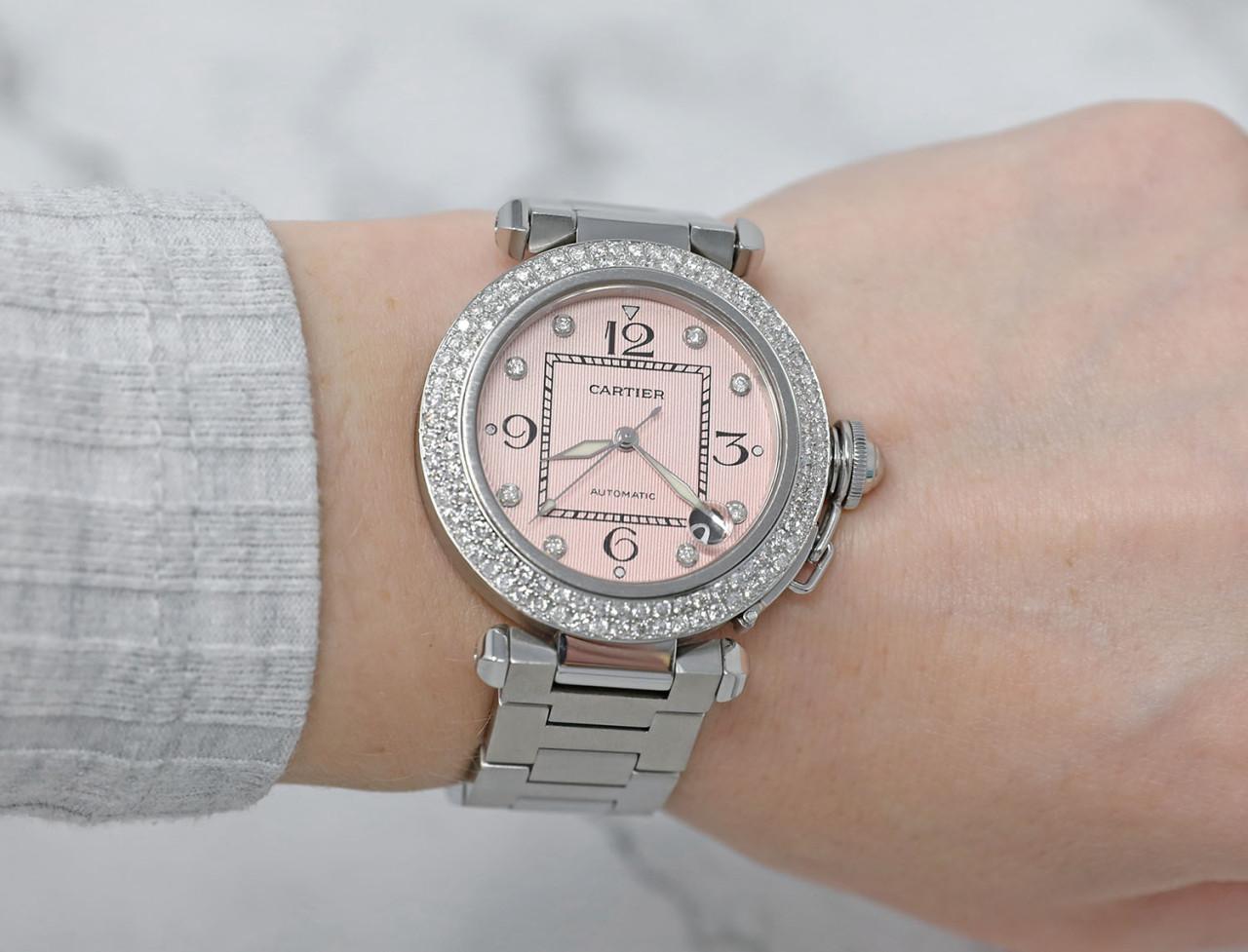 Round Cut Cartier Pasha #2324 Stainless Steel Pink Diamond Dial Diamond Bezel Ladies Watch For Sale
