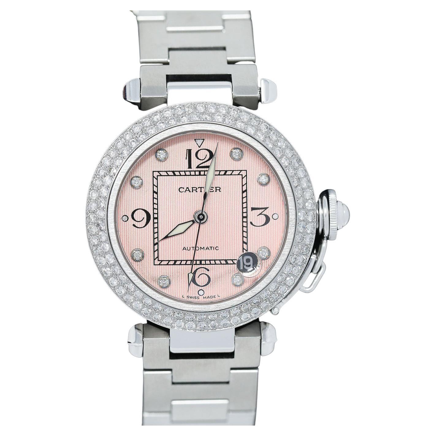 Cartier Pasha #2324 Stainless Steel Pink Diamond Dial Diamond Bezel Ladies Watch For Sale