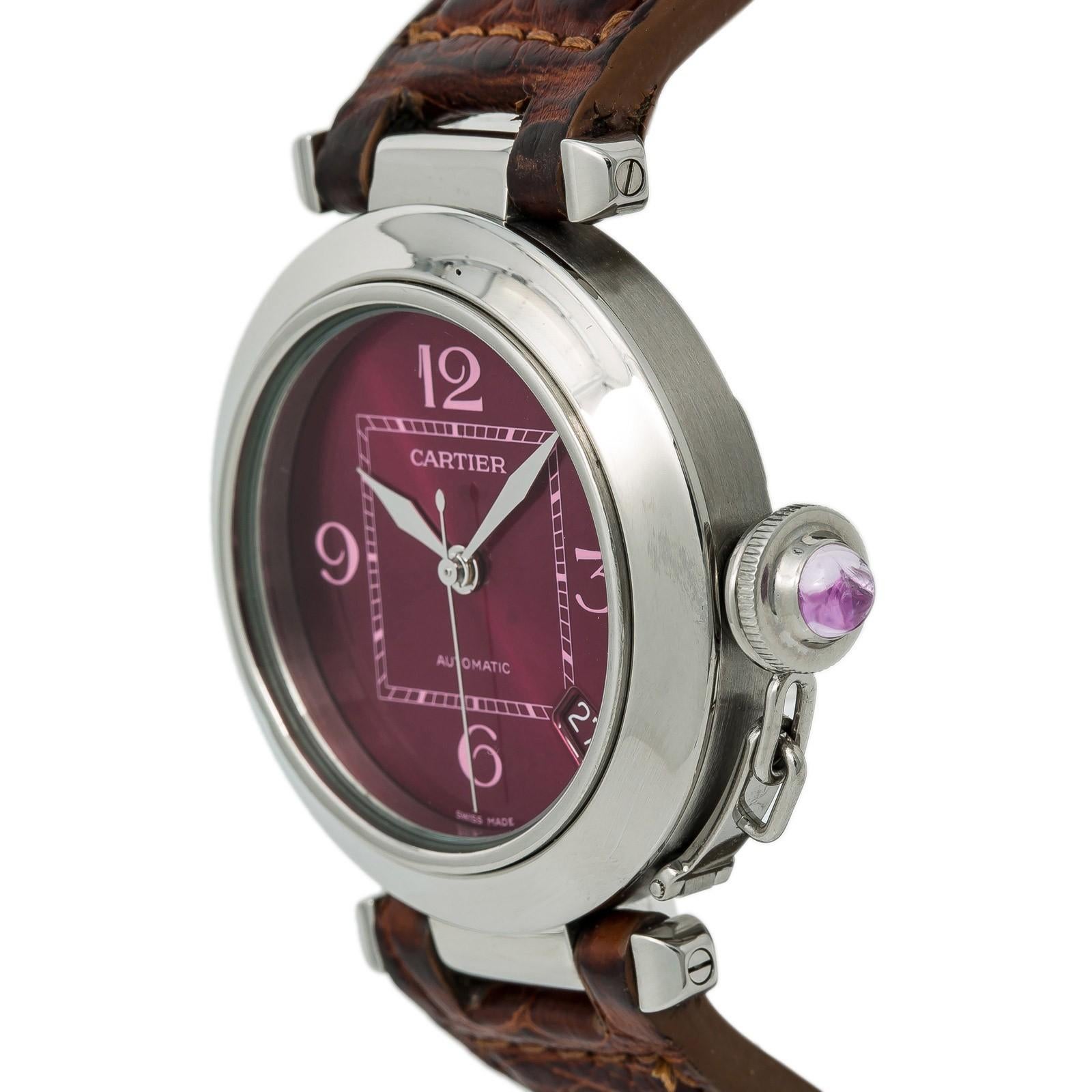 Women's Cartier Pasha 2324 Unisex Automatic Watch Maroon Dial Stainless Steel