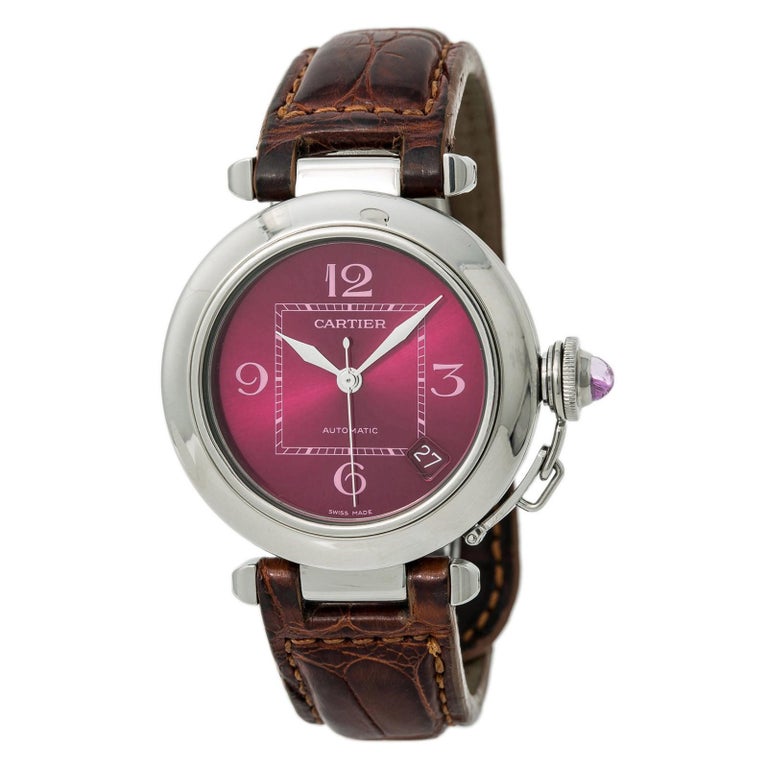 Cartier Pasha 2324 Unisex Automatic Watch Maroon Dial Stainless Steel ...