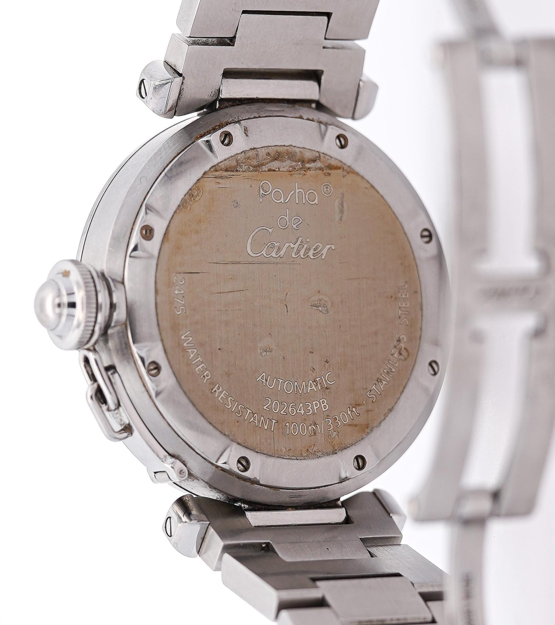 Cartier Pasha 2475 Black Dial Automatic 35mm Watch With Box and Service Papers In Good Condition For Sale In Miami, FL