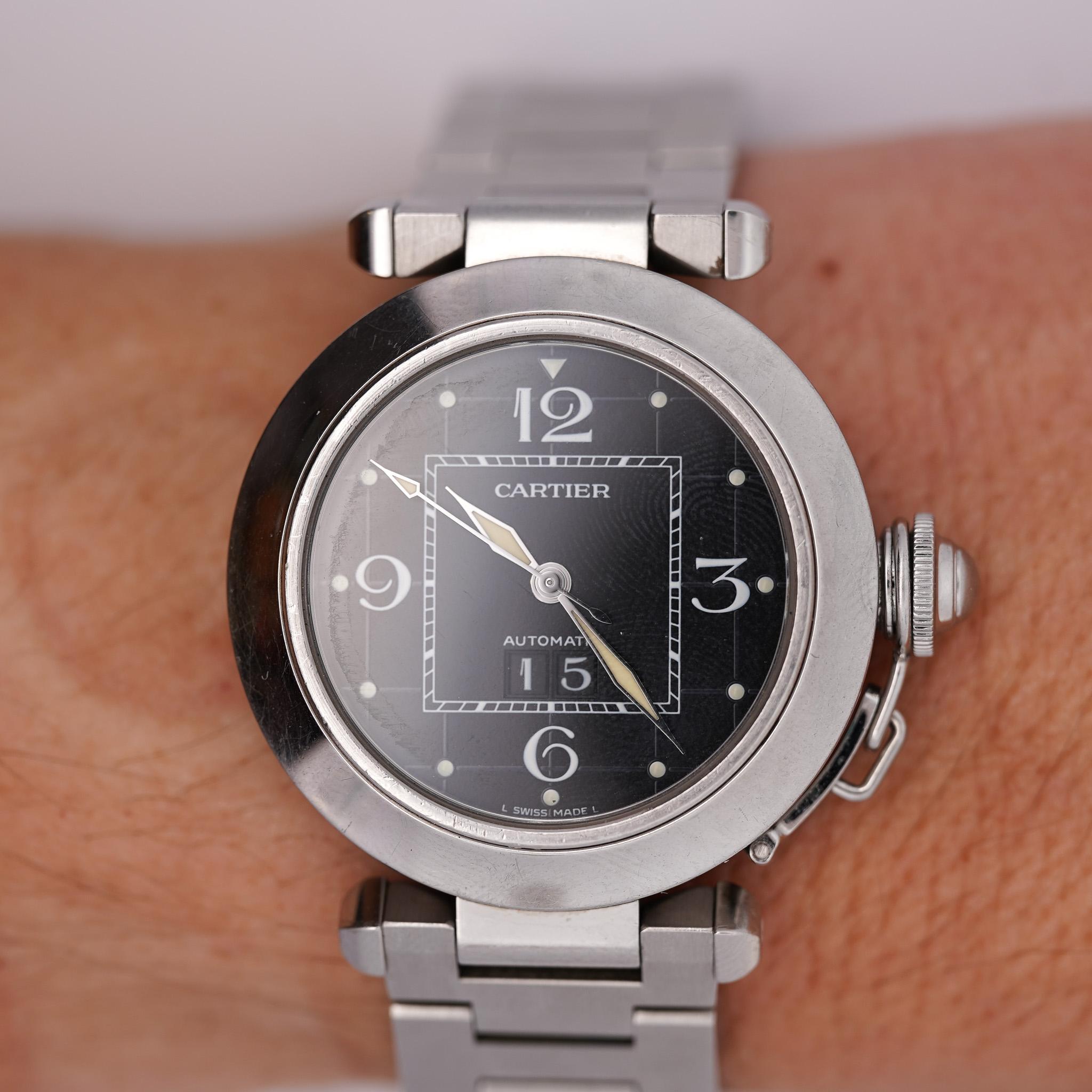 Cartier Pasha 2475 Black Dial Automatic 35mm Watch With Box and Service Papers For Sale 1