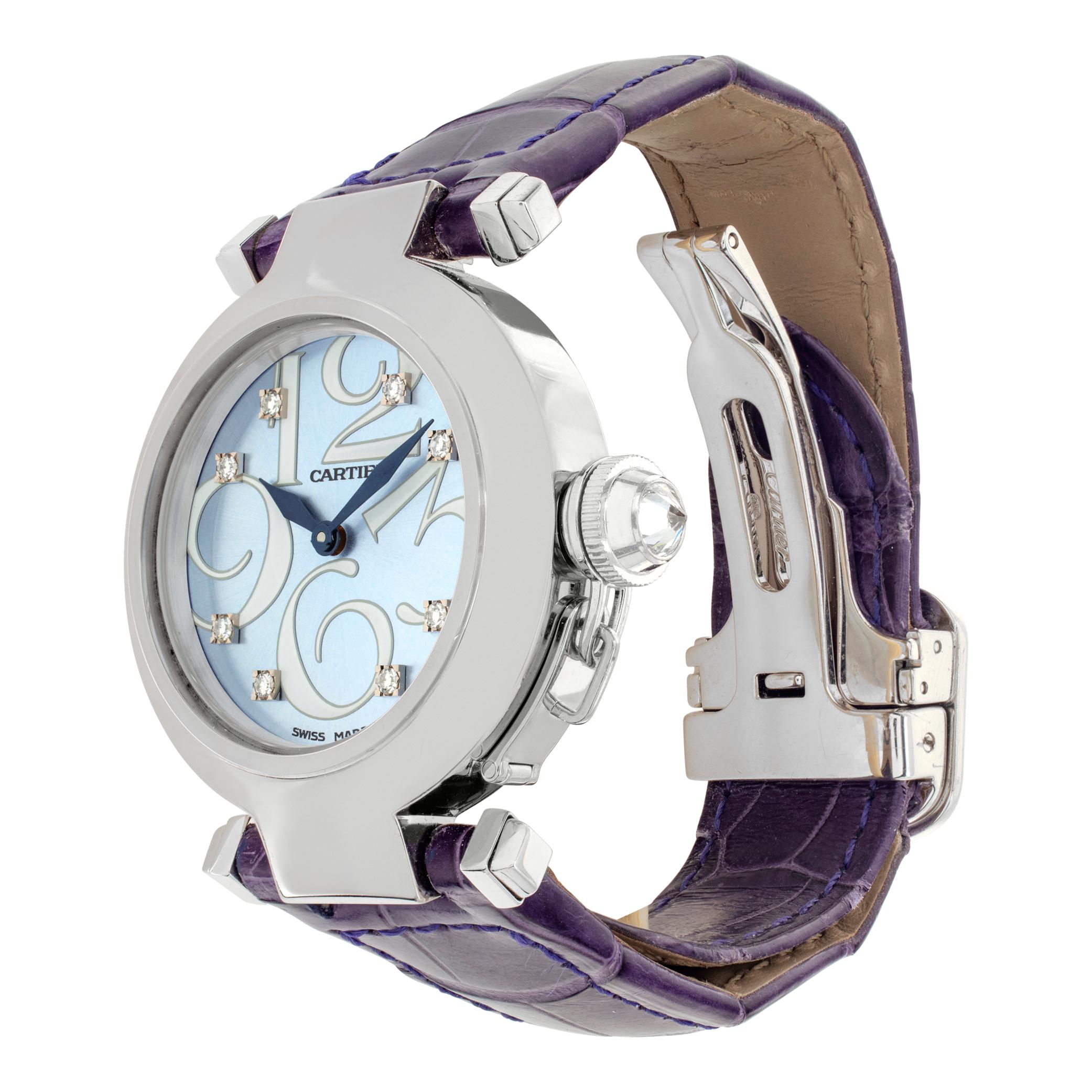 Cartier Pasha 32mm in 18k white gold with light blue diamond dial and diamond crown on a purple alligator strap with deployant buckle. Quartz. 32 mm case size. Ref 2813. Fine Pre-owned Cartier Watch. Certified preowned Classic Cartier Pasha WJ123121