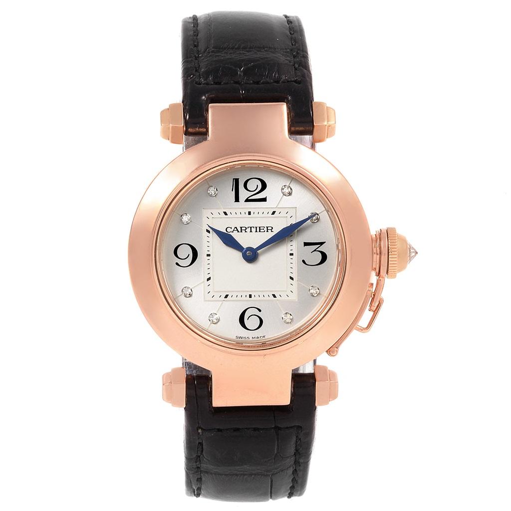 Cartier Pasha 32 Rose Gold Diamond Automatic Ladies Watch WJ11913G. Quartz movement. 18K rose gold round case 32.0 mm in diameter. Diamond set crown. 18K rose gold fixed bezel. Scratch resistant sapphire crystal. Silvered dial with diamond hour